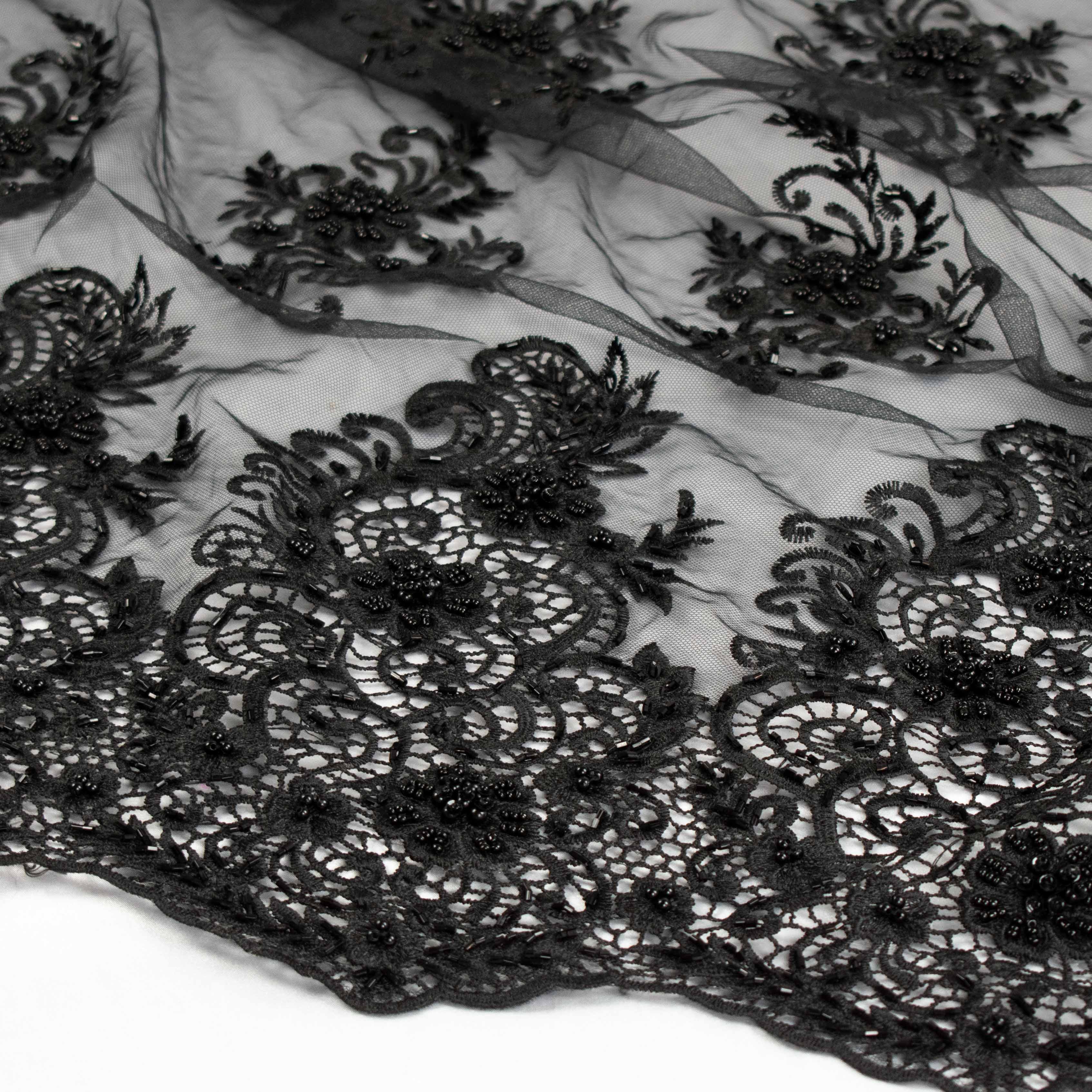 Pearl Beaded Flower Embroidery With Guipure Lace Black