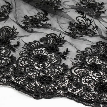 Pearl Beaded Flower Embroidery With Guipure Lace Black