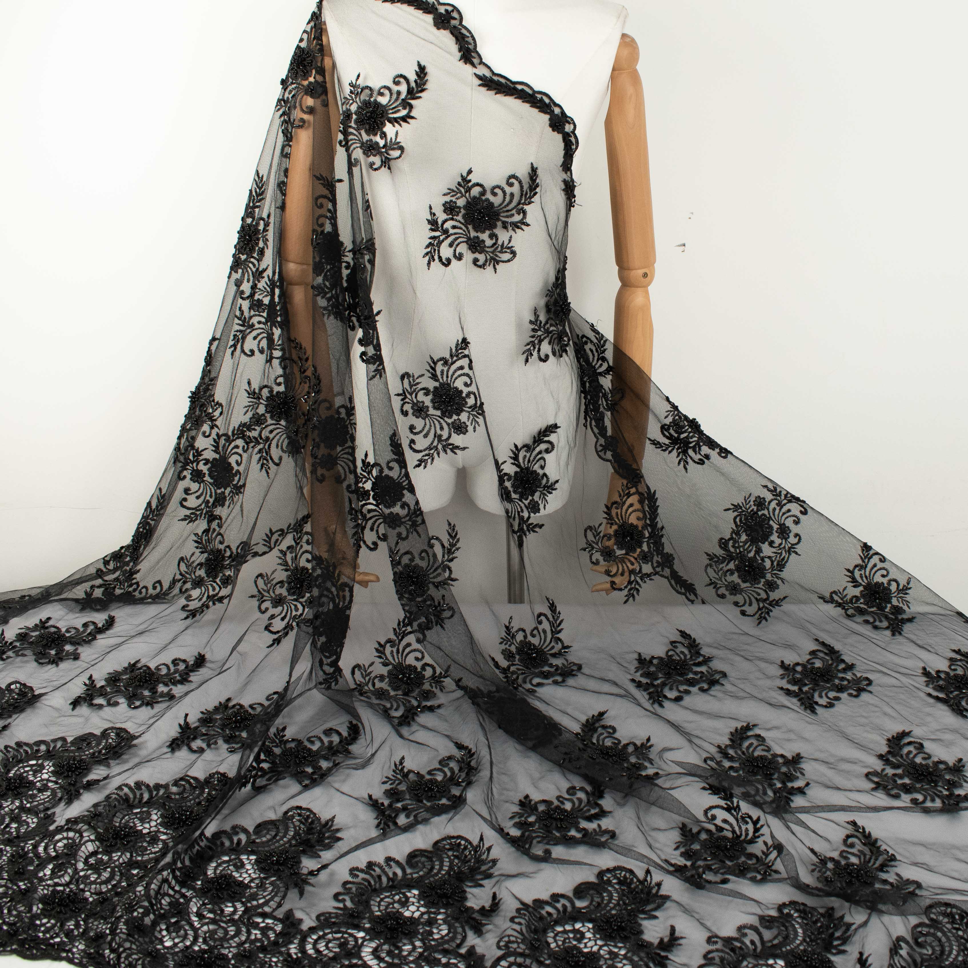 Pearl Beaded Flower Embroidery With Guipure Lace Black