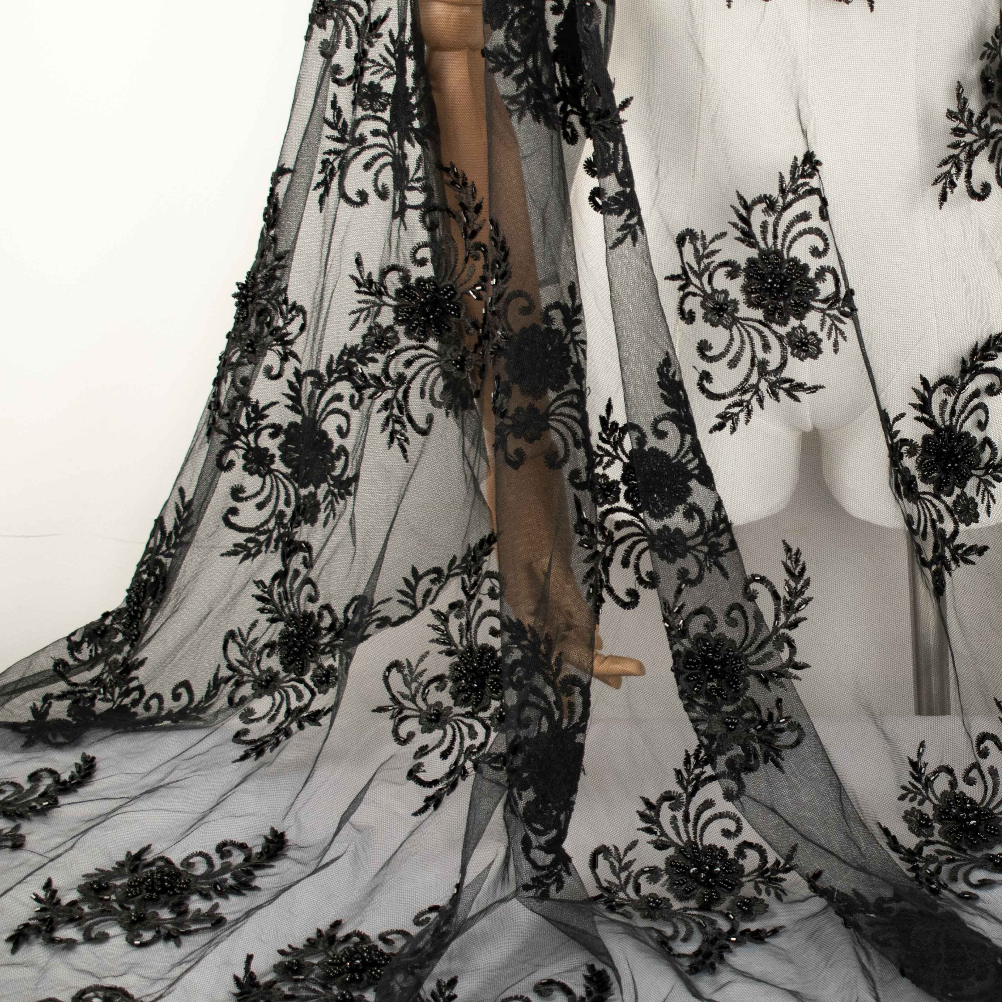 Pearl Beaded Flower Embroidery With Guipure Lace Black