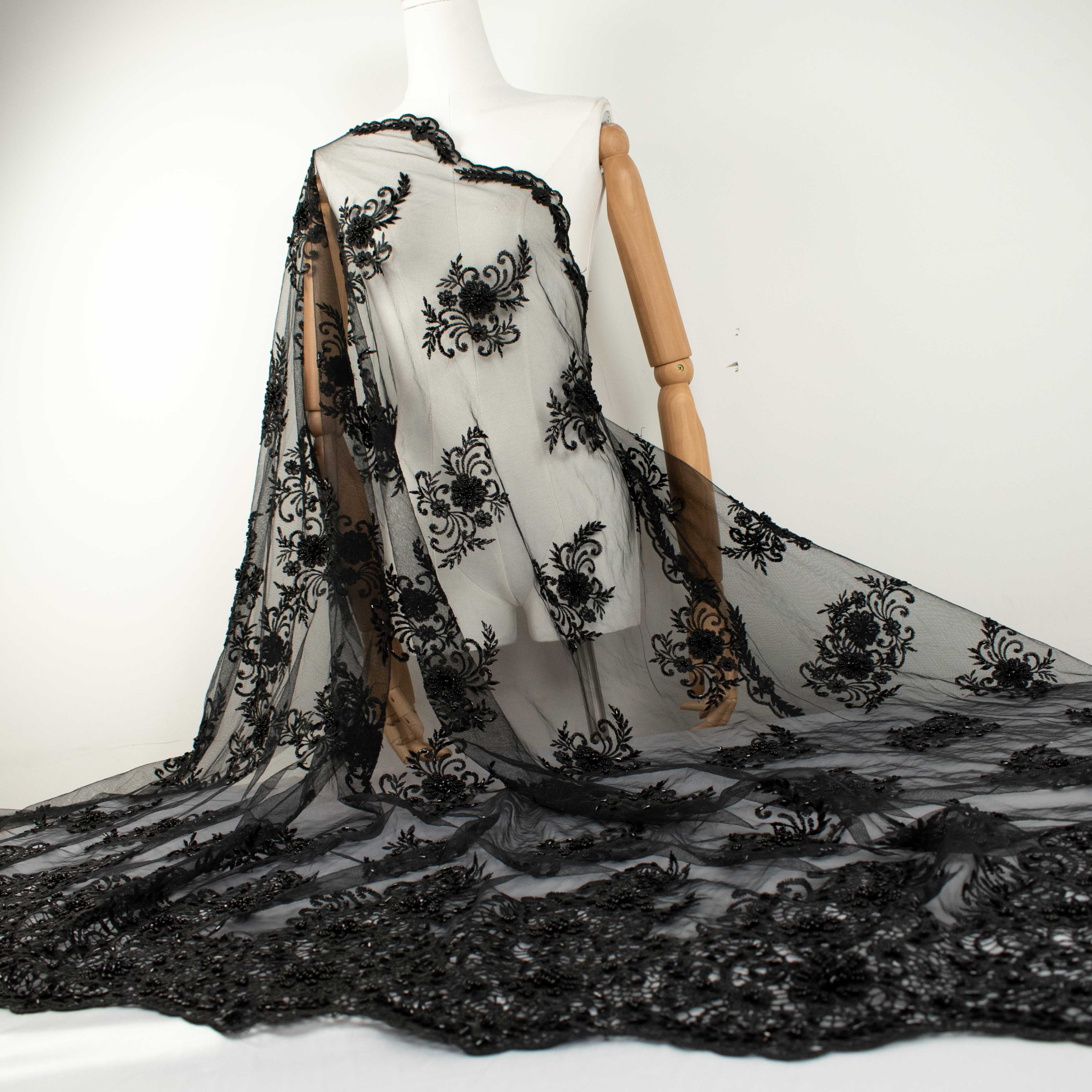 Pearl Beaded Flower Embroidery With Guipure Lace Black