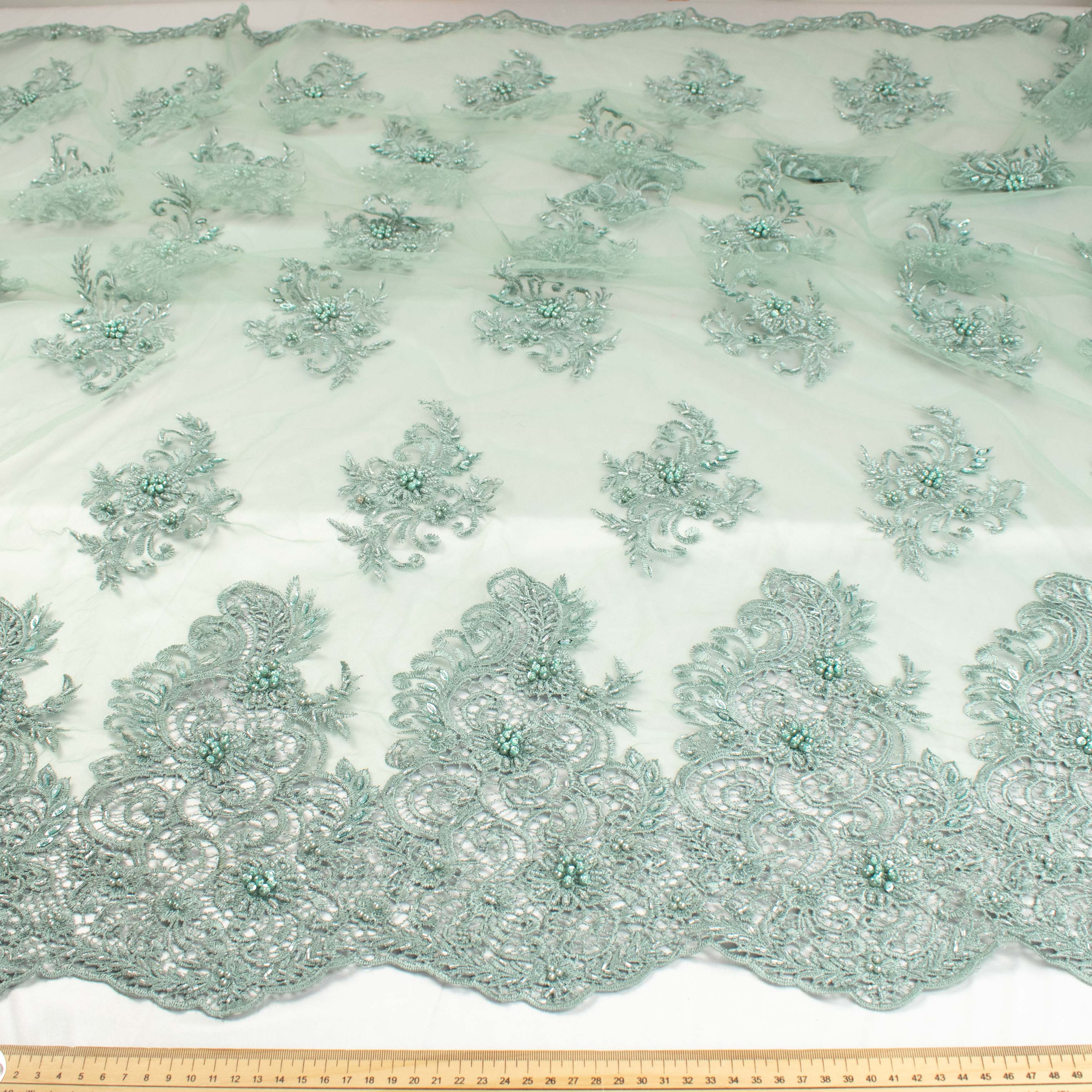 Pearl Beaded Flower Embroidery With Guipure Lace Teal