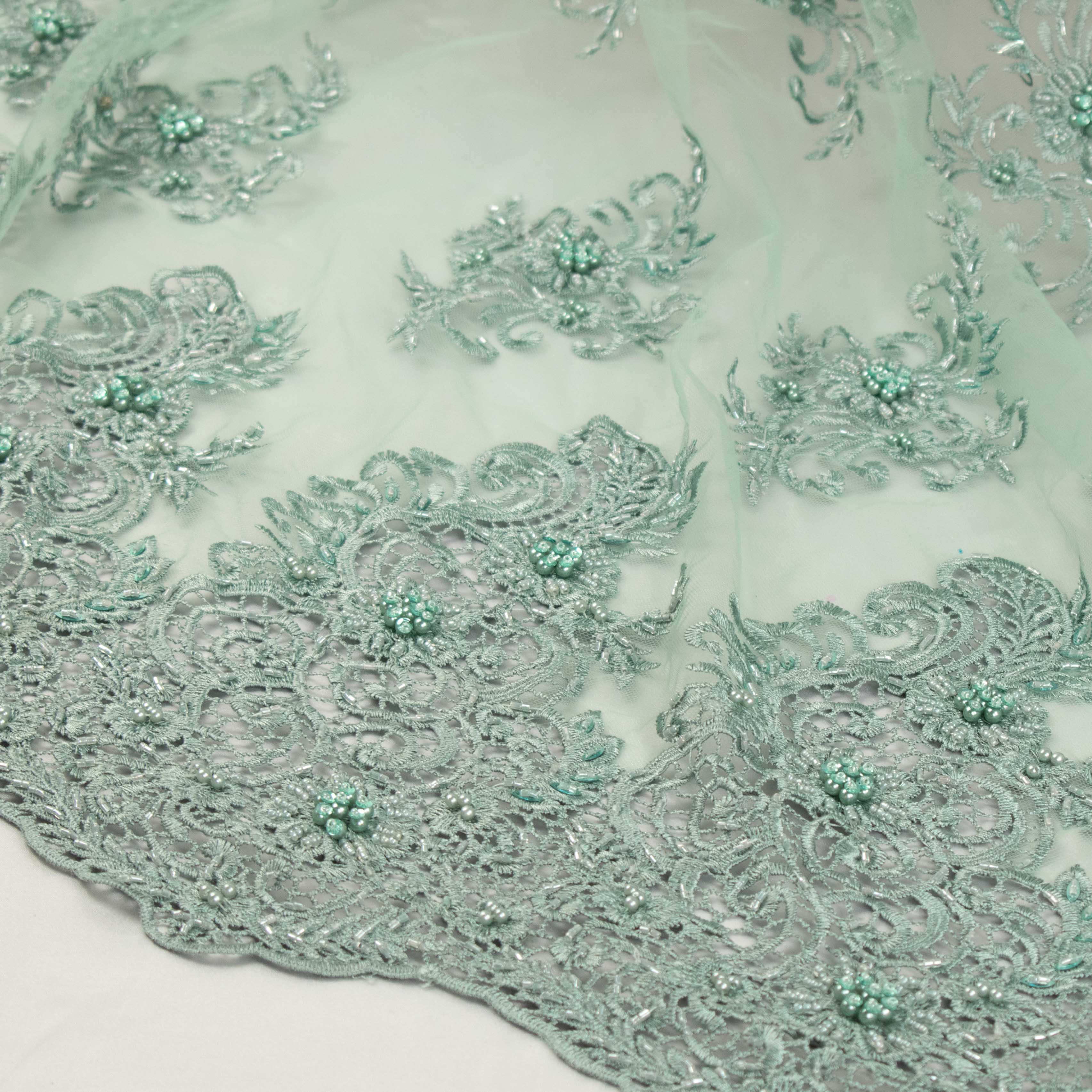 Pearl Beaded Flower Embroidery With Guipure Lace Teal