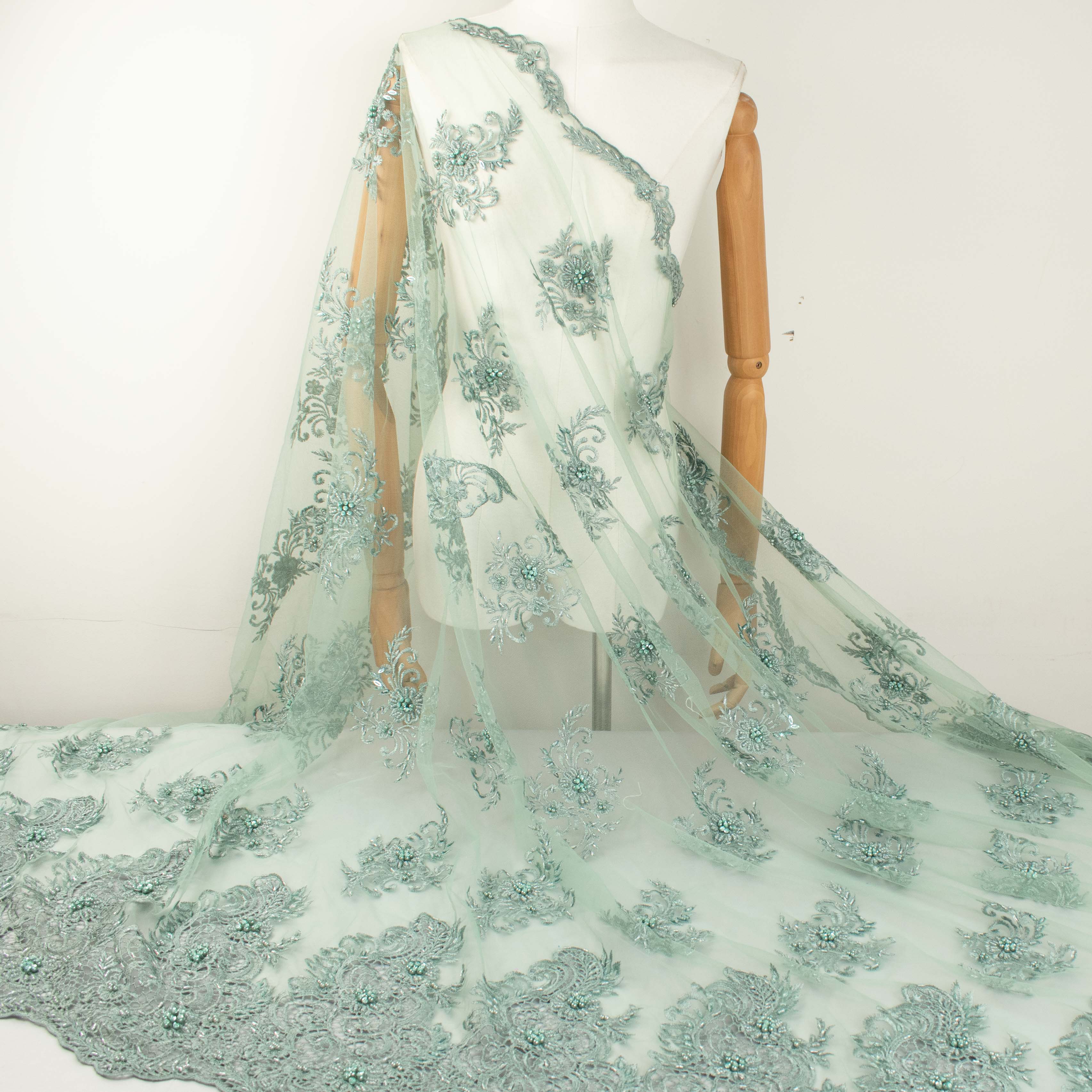 Pearl Beaded Flower Embroidery With Guipure Lace Teal