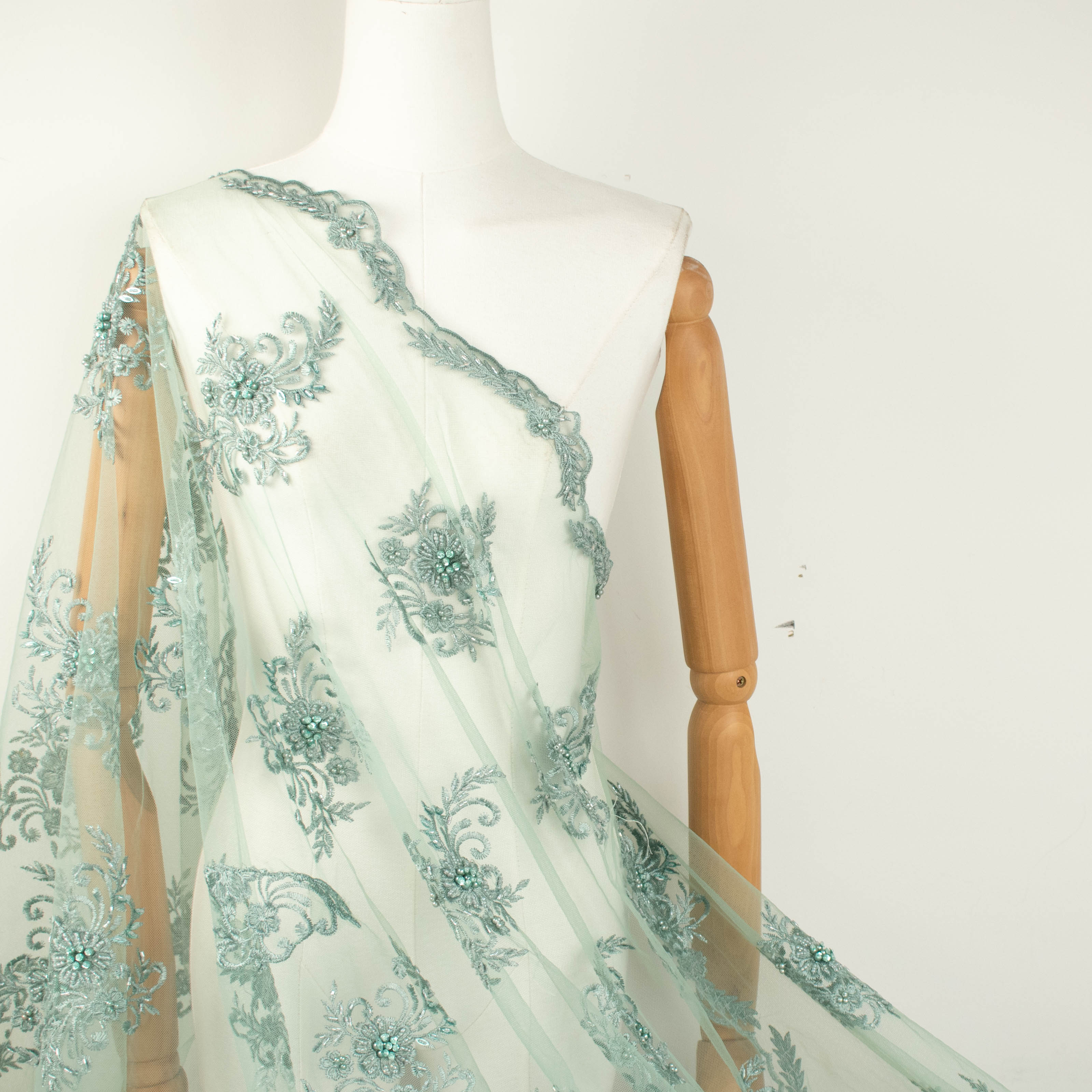 Pearl Beaded Flower Embroidery With Guipure Lace Teal