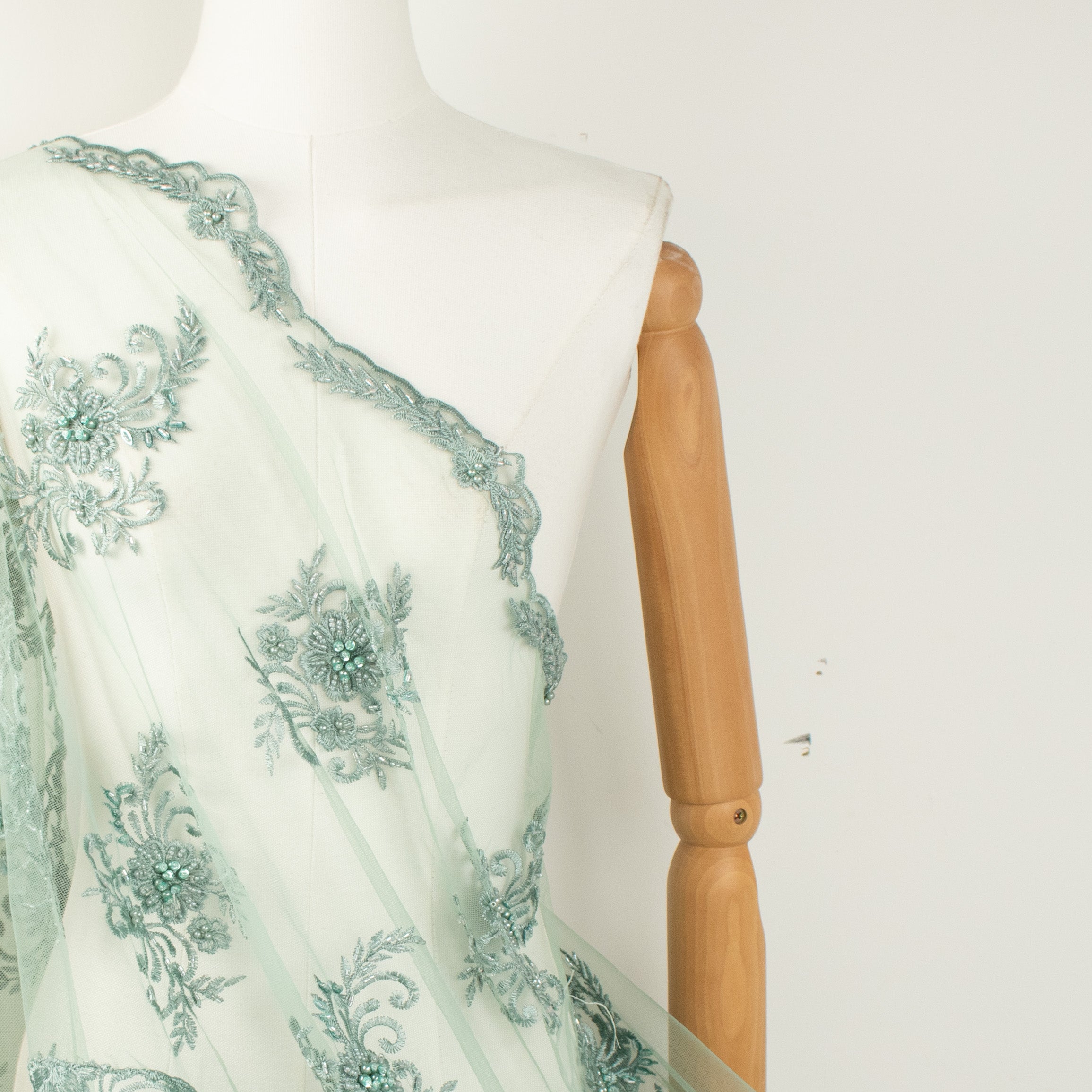 Pearl Beaded Flower Embroidery With Guipure Lace Teal