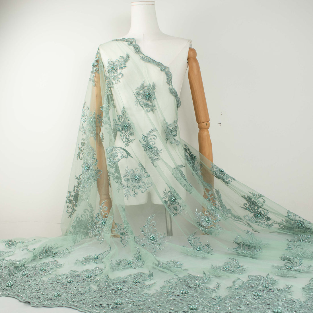 Pearl Beaded Flower Embroidery With Guipure Lace Teal