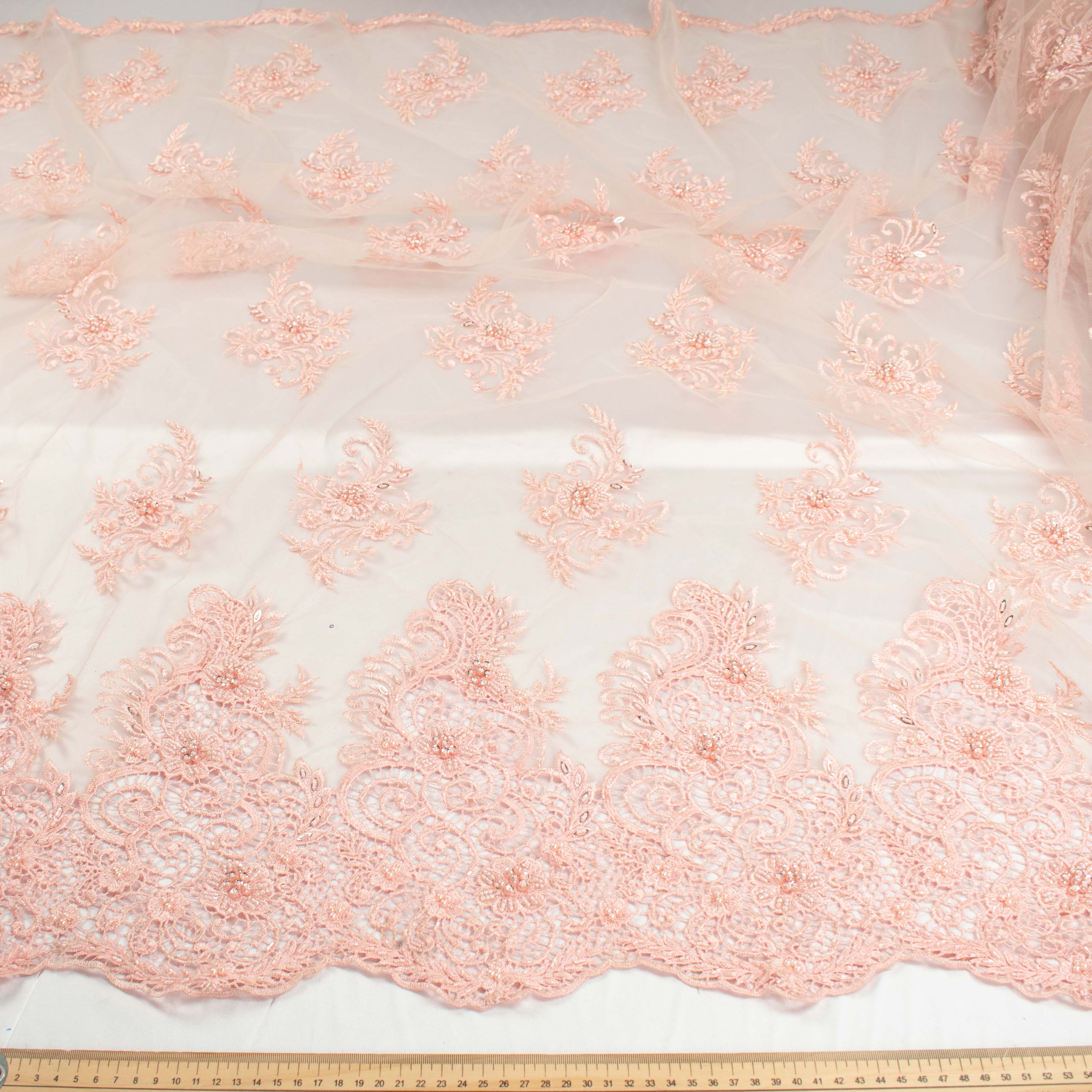 Pearl Beaded Flower Embroidery With Guipure Lace Baby Pink