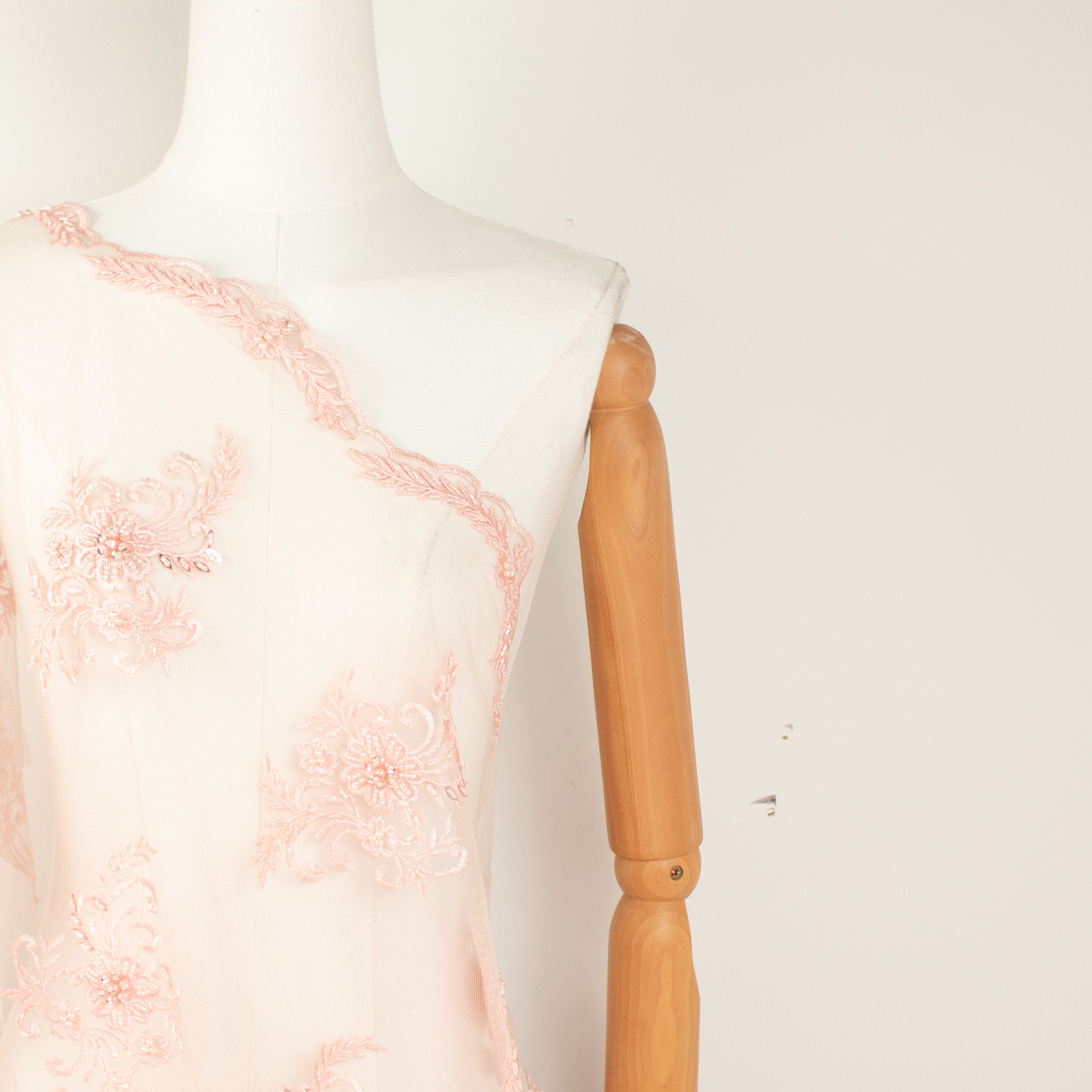 Pearl Beaded Flower Embroidery With Guipure Lace Baby Pink