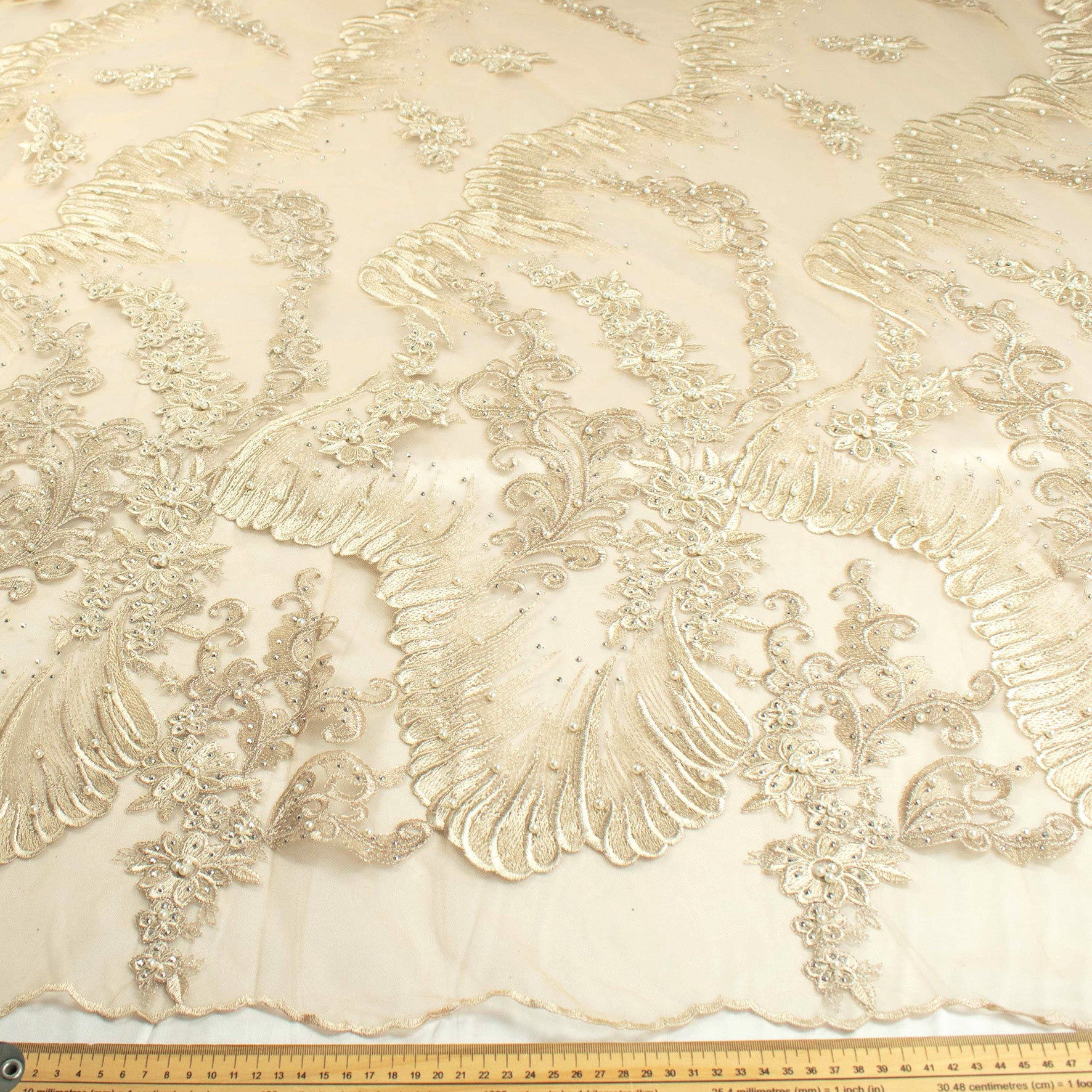 Pearl Diamante Embroidery Lace Ivory