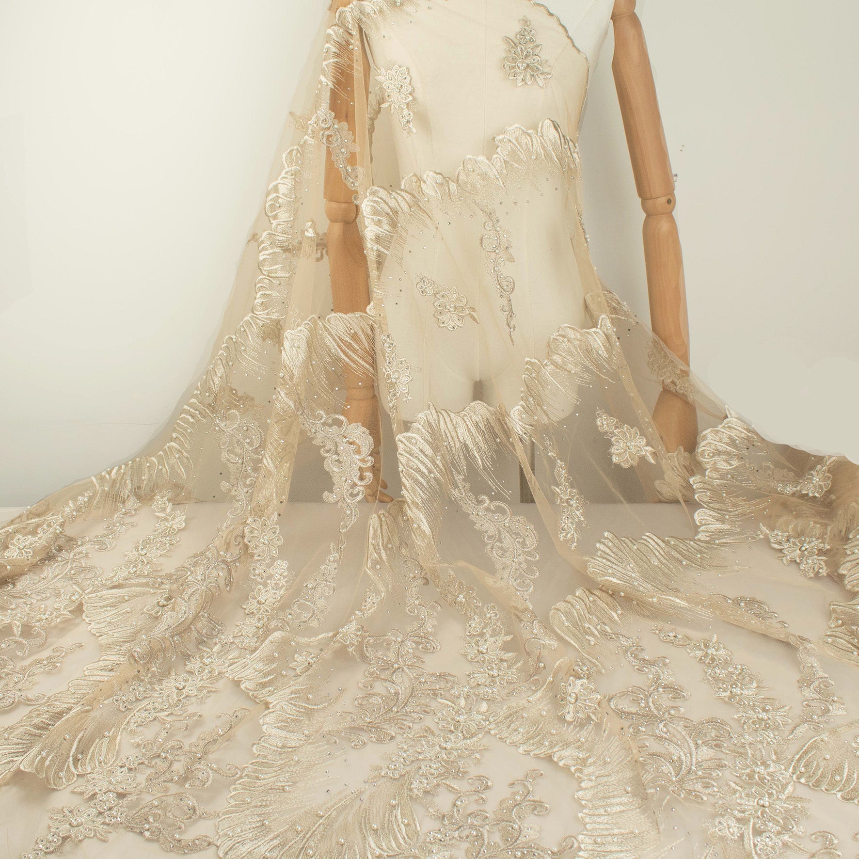 Pearl Diamante Embroidery Lace Ivory