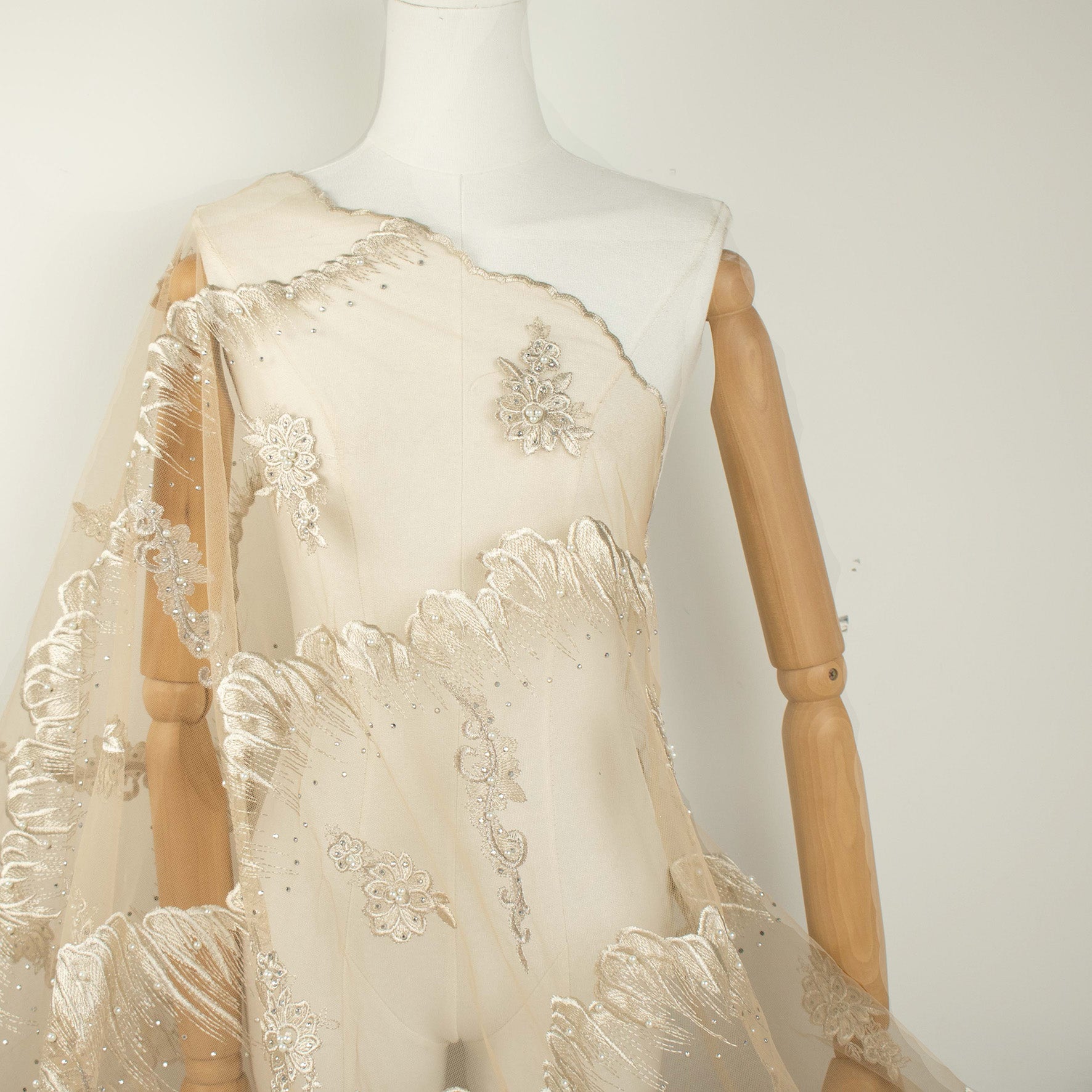 Pearl Diamante Embroidery Lace Ivory