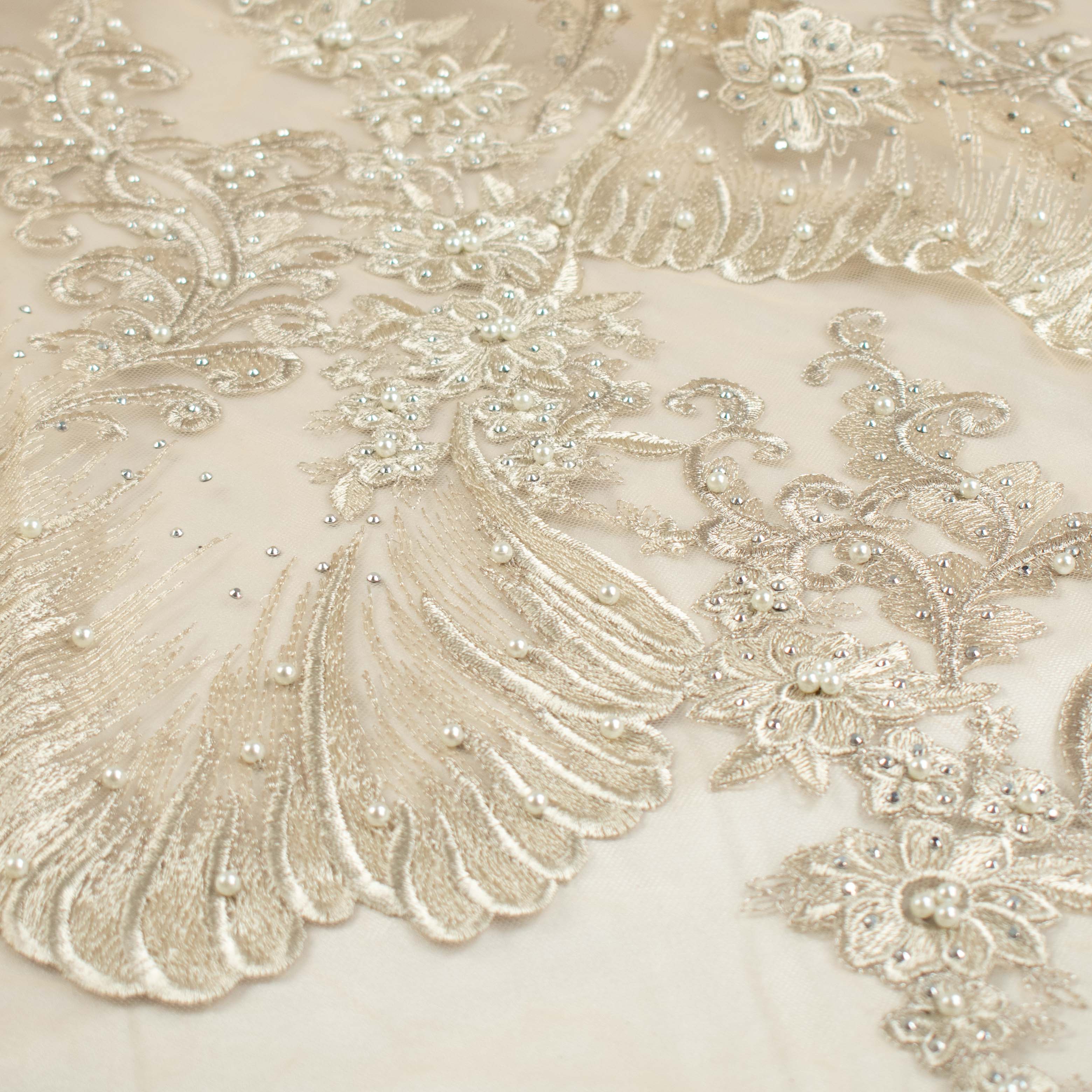 Pearl Diamante Embroidery Lace Ivory