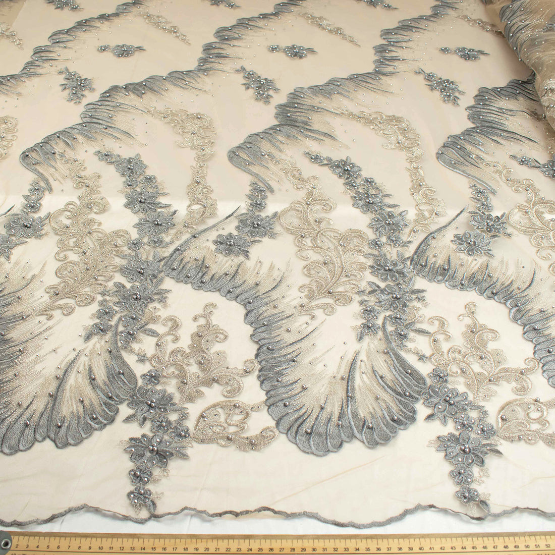 Pearl Diamante Embroidery Lace Dark Grey