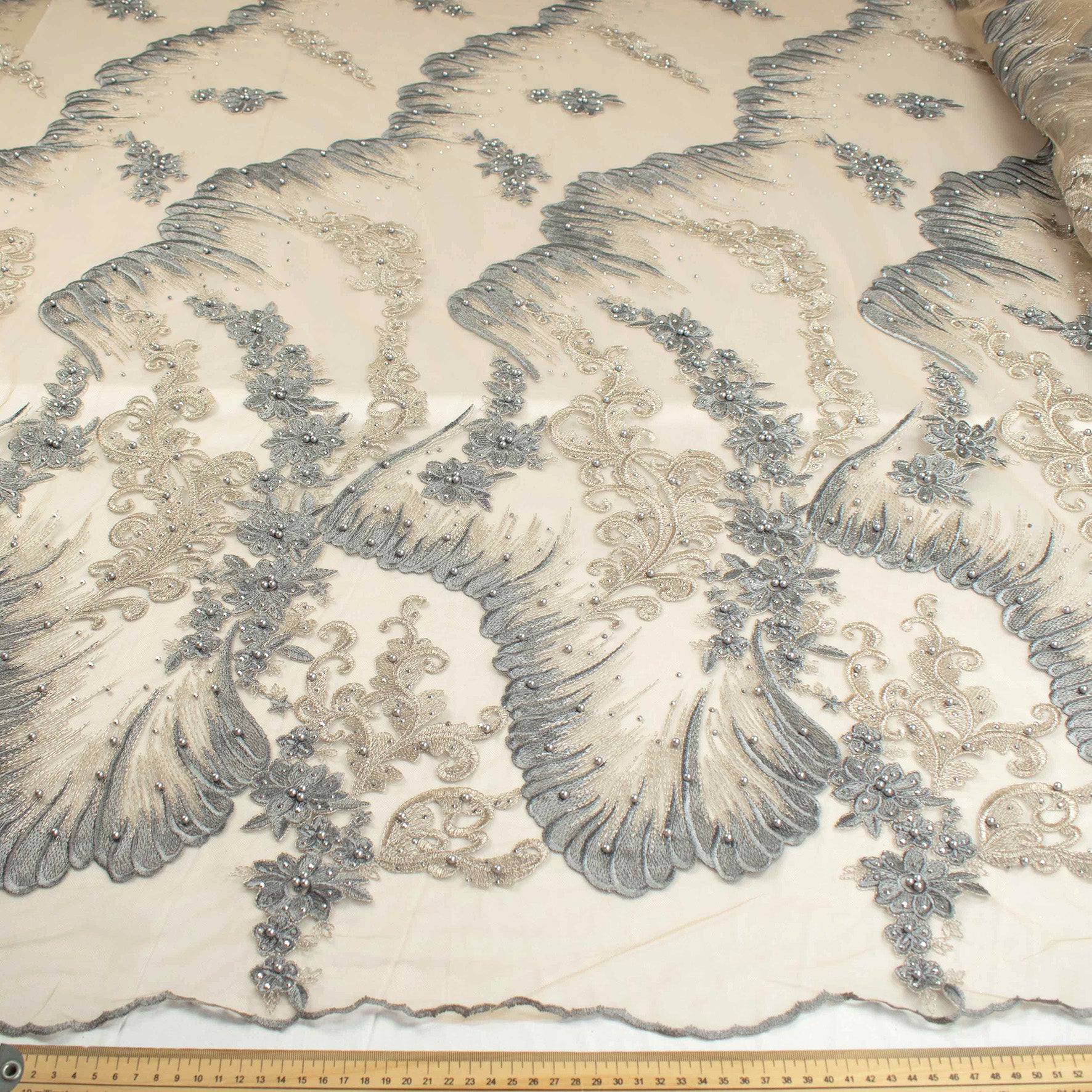 Pearl Diamante Embroidery Lace Dark Grey