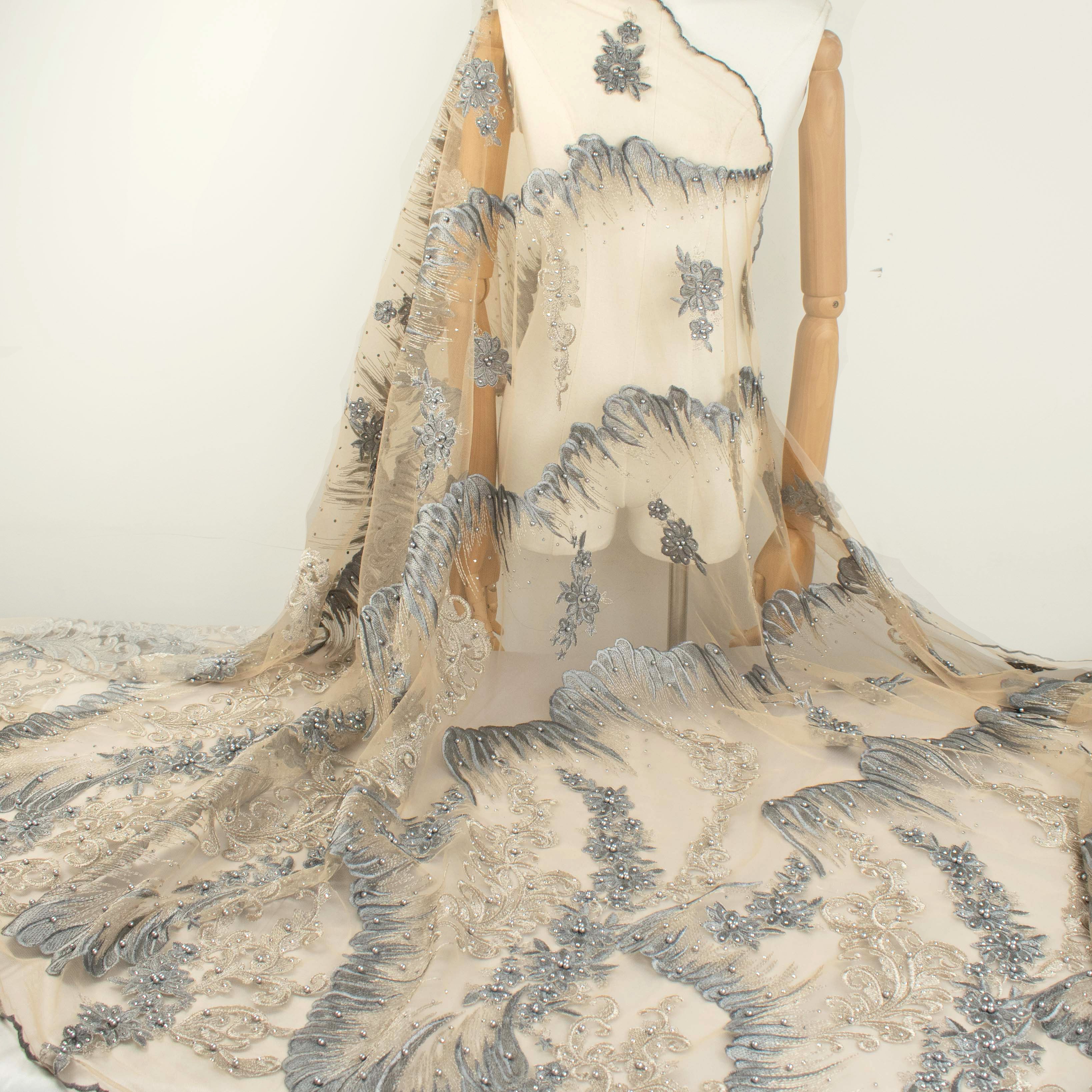 Pearl Diamante Embroidery Lace Dark Grey