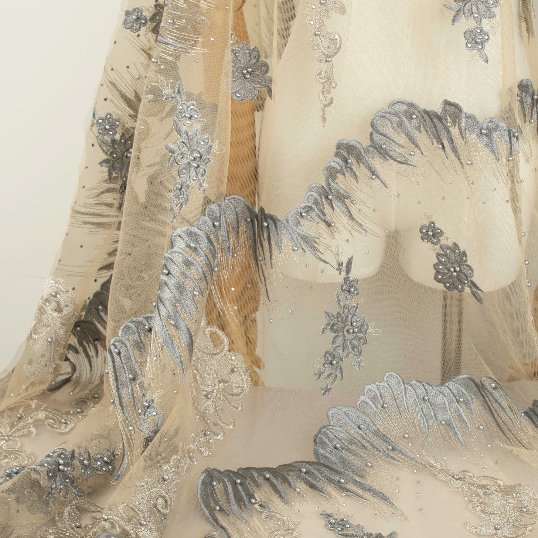 Pearl Diamante Embroidery Lace Dark Grey