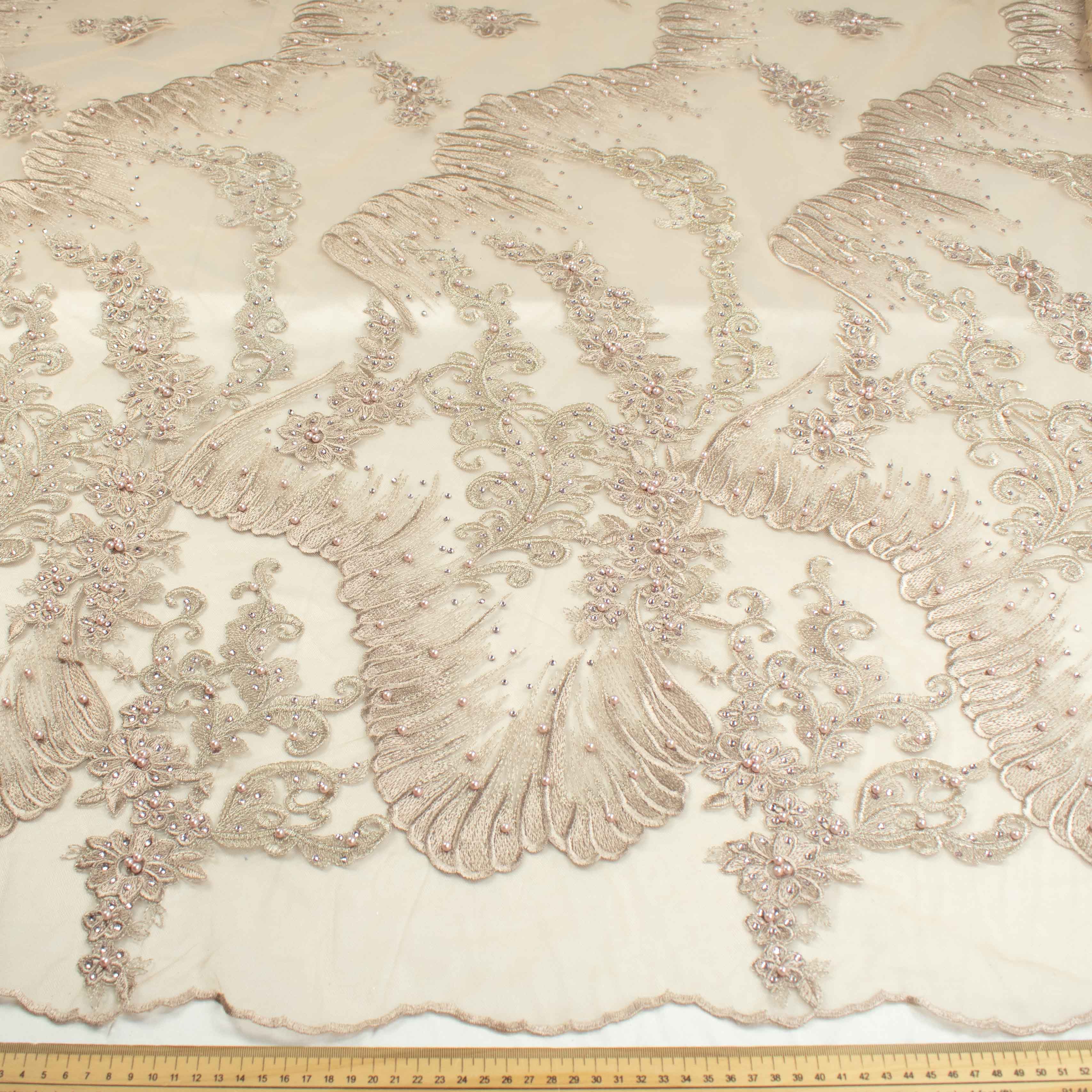 Pearl Diamante Embroidery Lace Dusty Pink