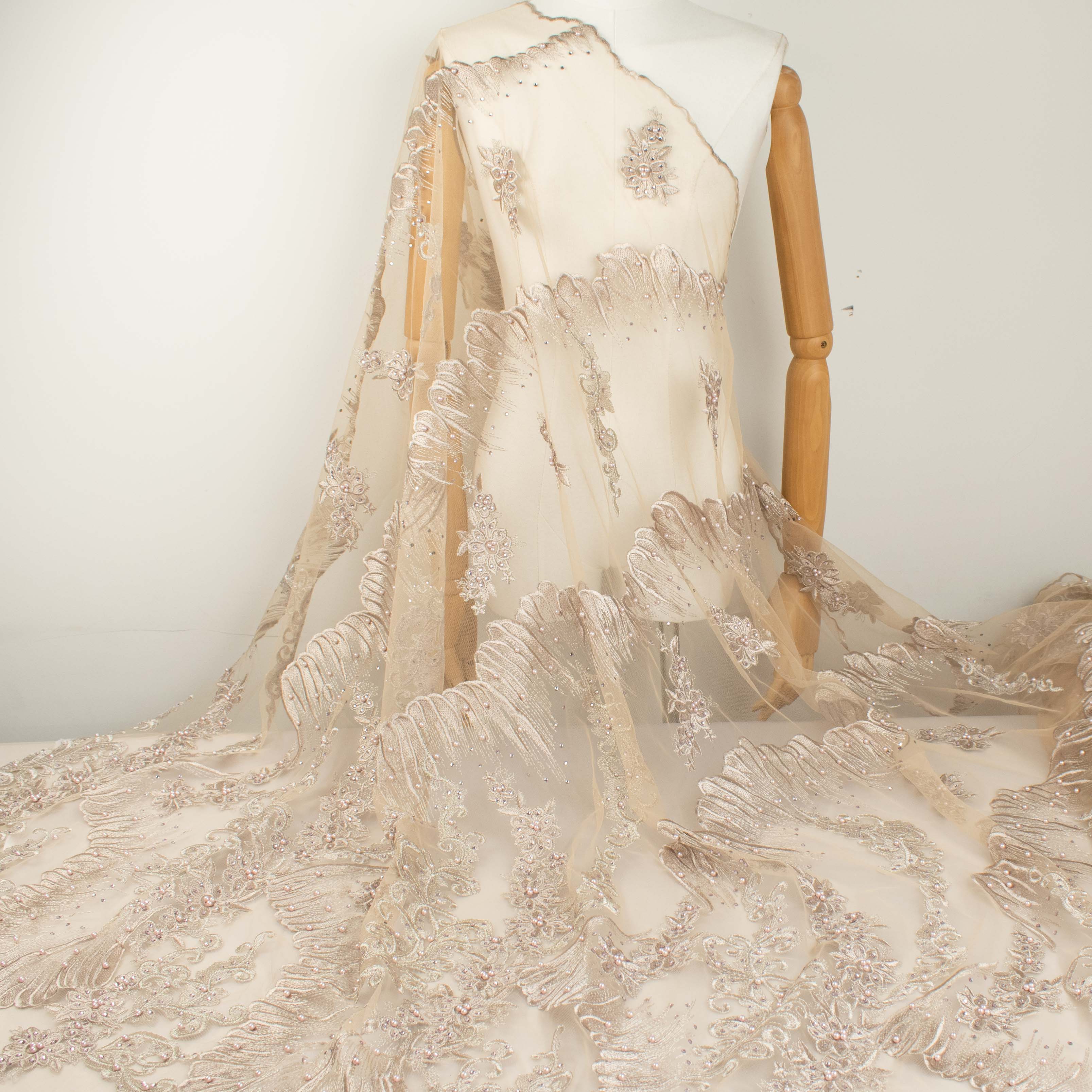 Pearl Diamante Embroidery Lace Dusty Pink