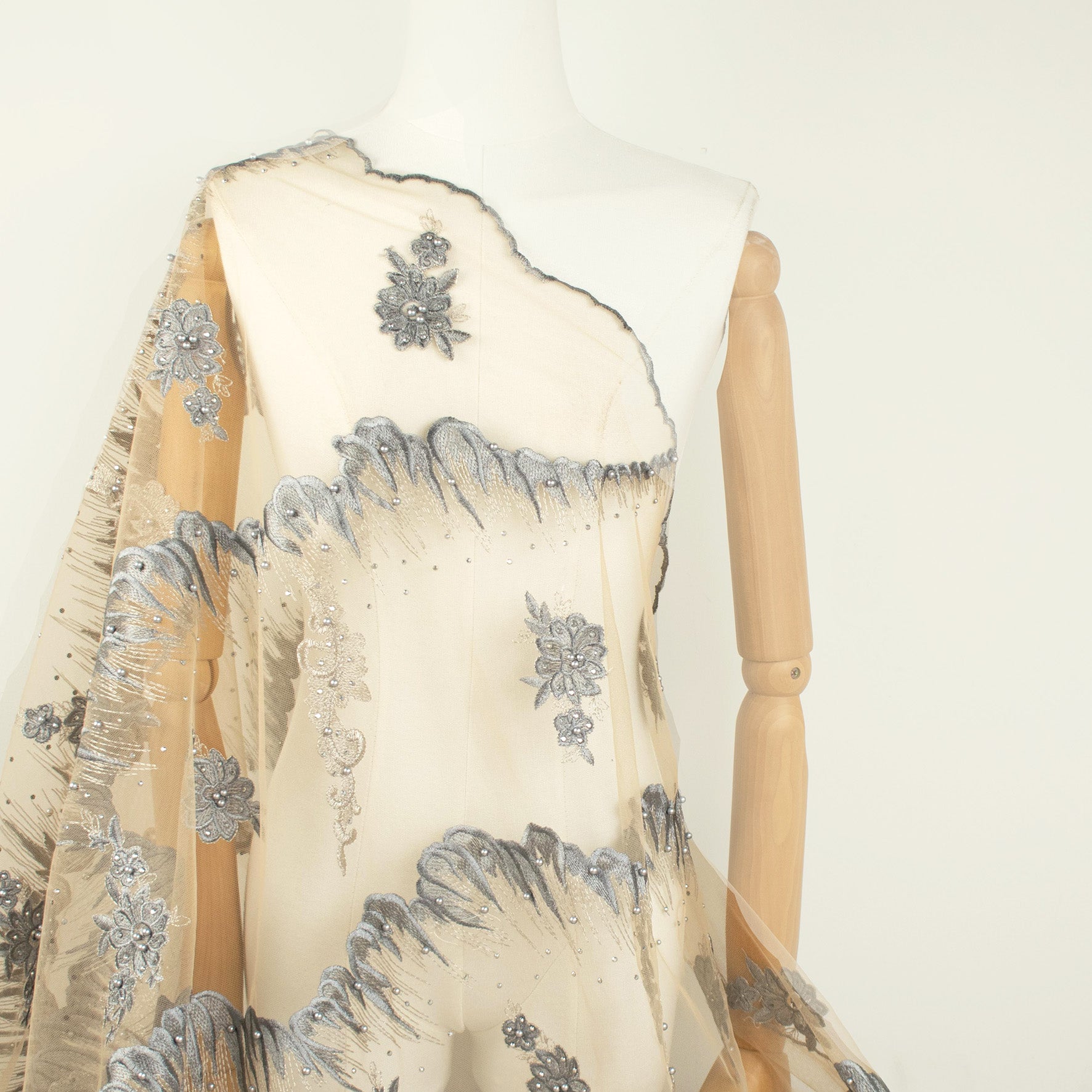 Pearl Diamante Embroidery Lace Dark Grey