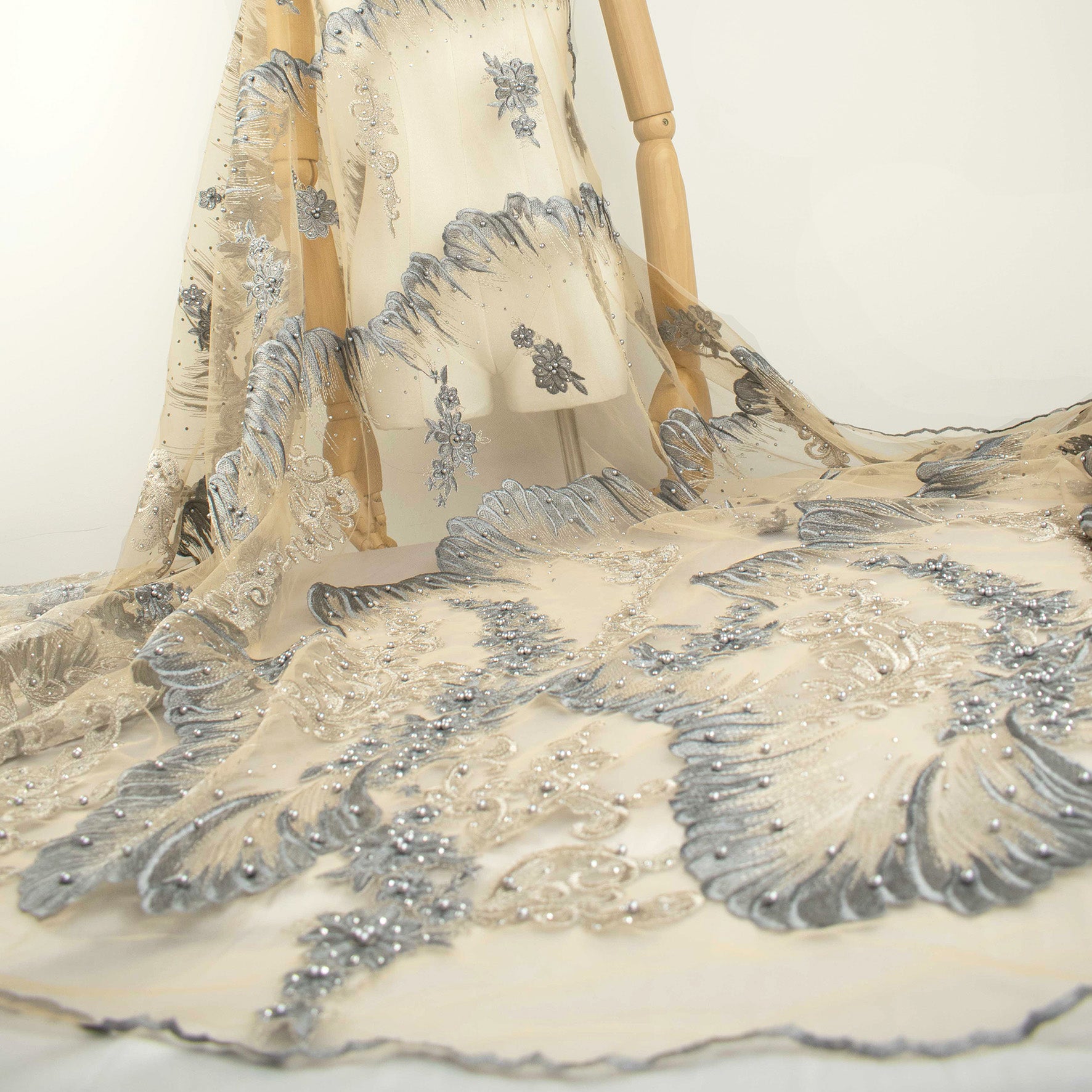 Pearl Diamante Embroidery Lace Dark Grey