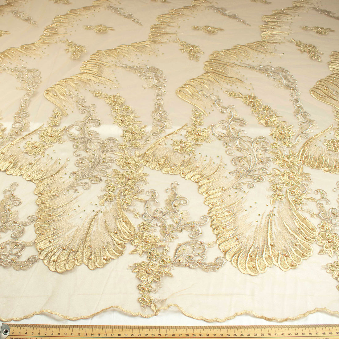 Pearl Diamante Embroidery Lace Gold