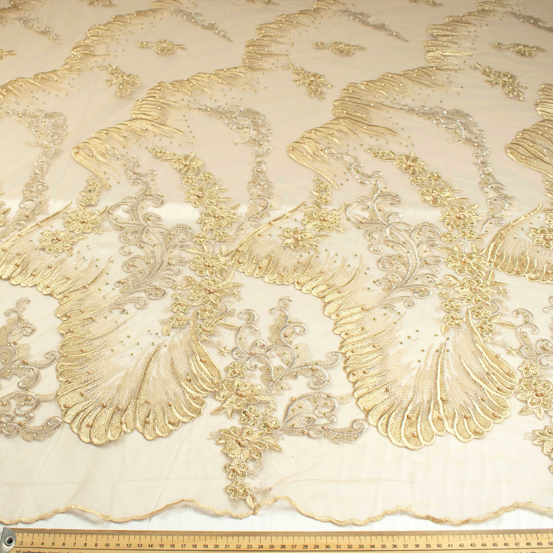 Pearl Diamante Embroidery Lace Gold