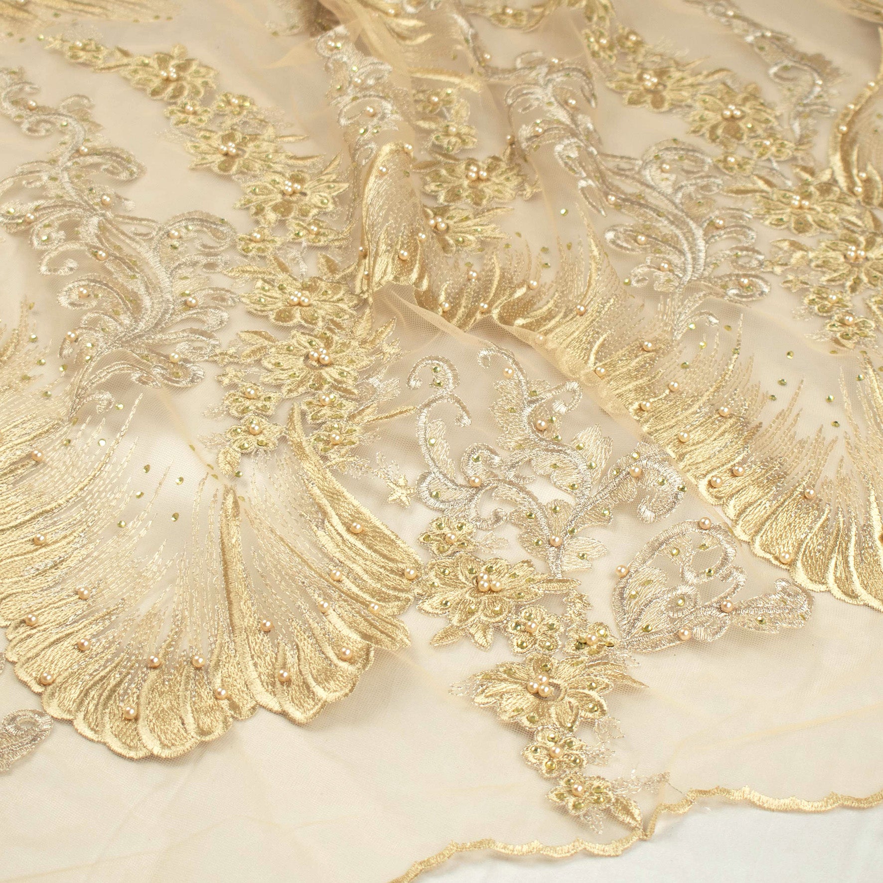 Pearl Diamante Embroidery Lace Gold