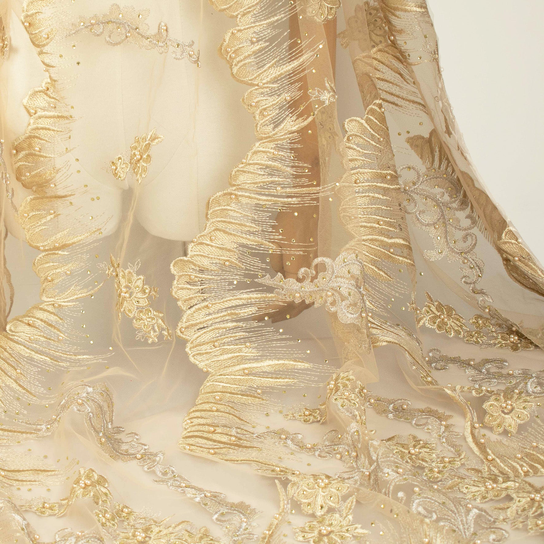Pearl Diamante Embroidery Lace Gold