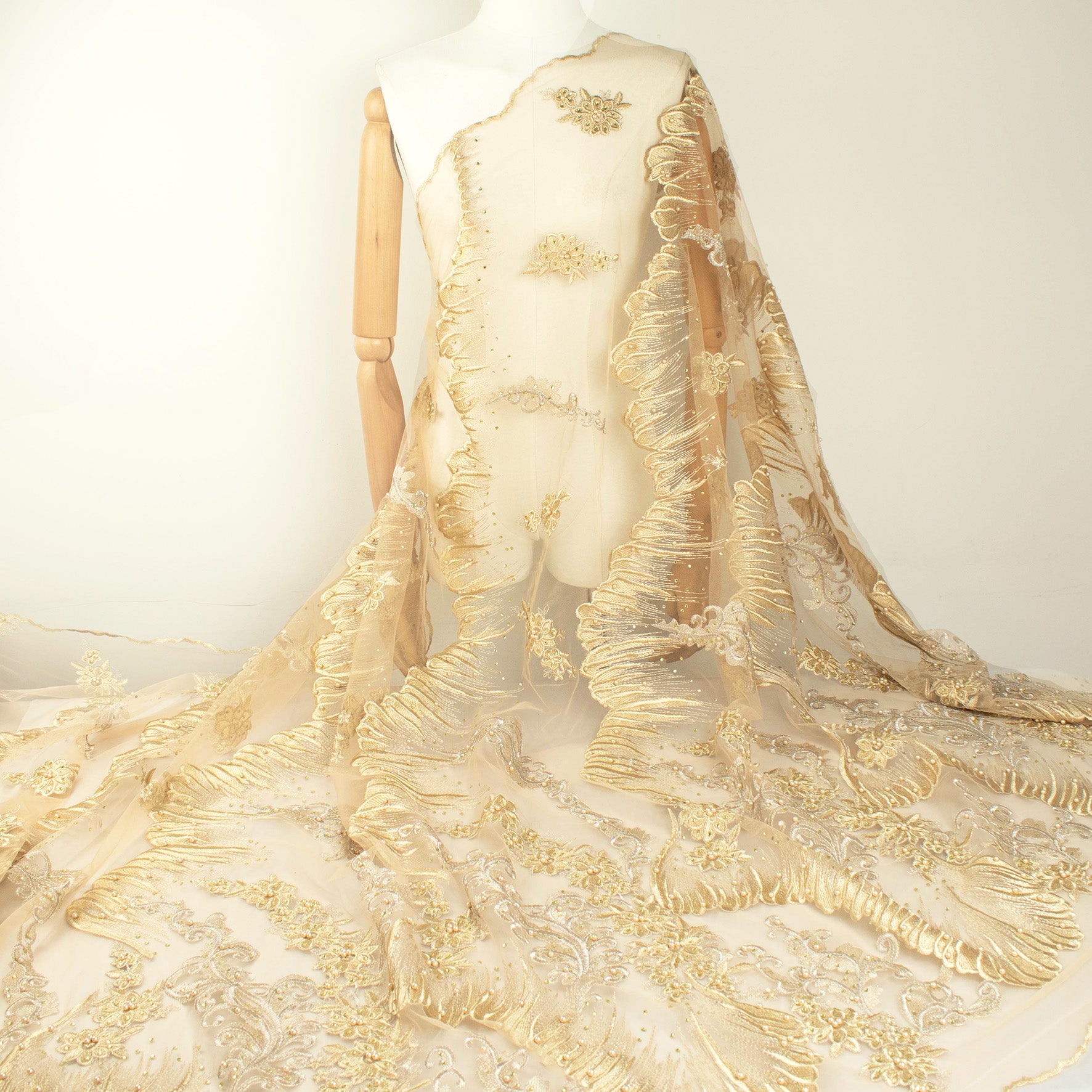 Pearl Diamante Embroidery Lace Gold