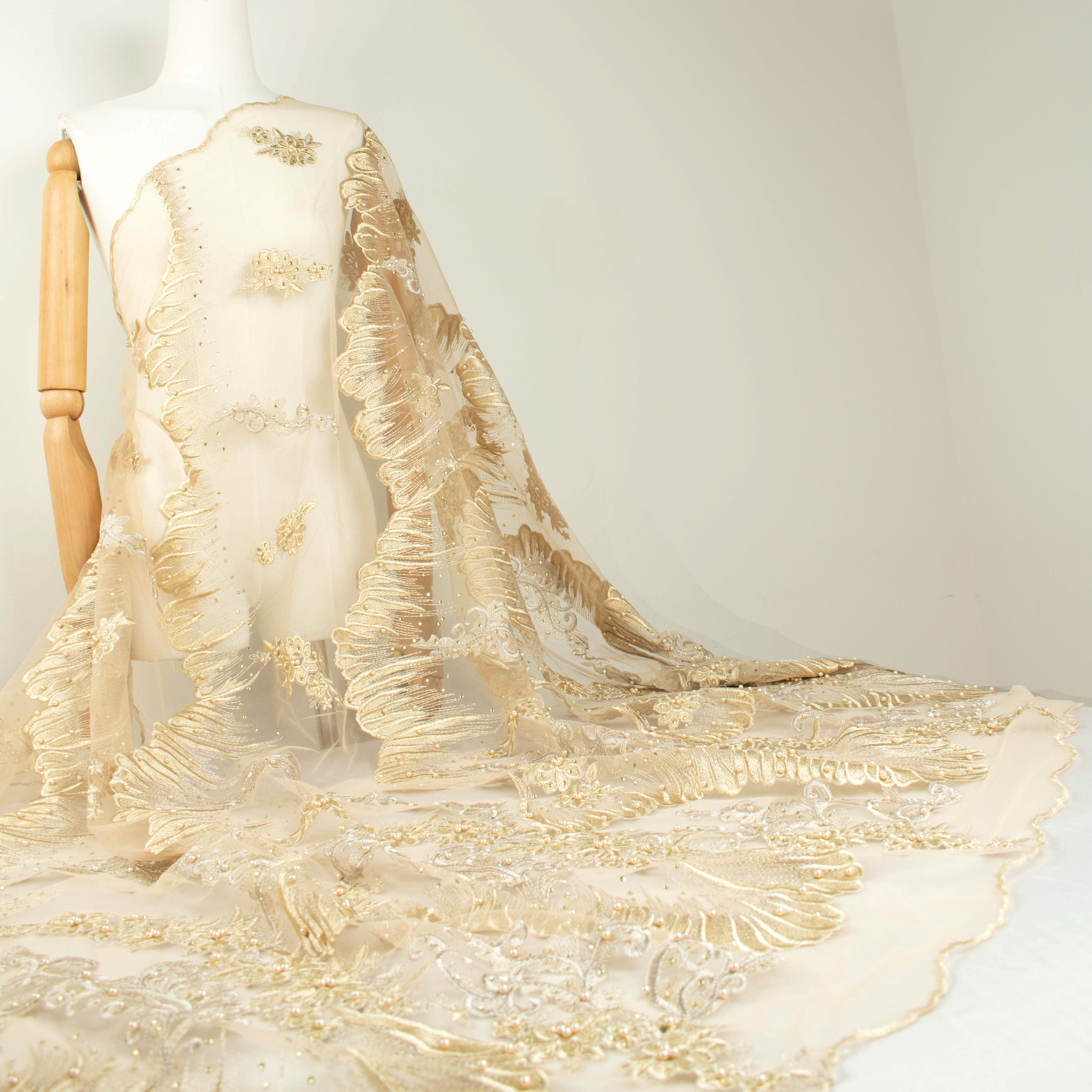 Pearl Diamante Embroidery Lace Gold