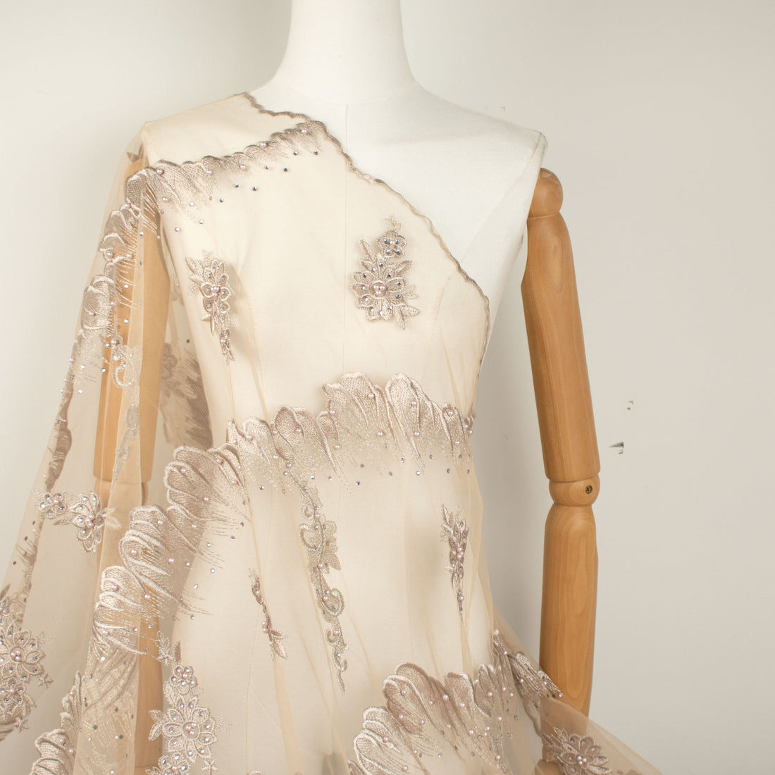 Pearl Diamante Embroidery Lace Dusty Pink