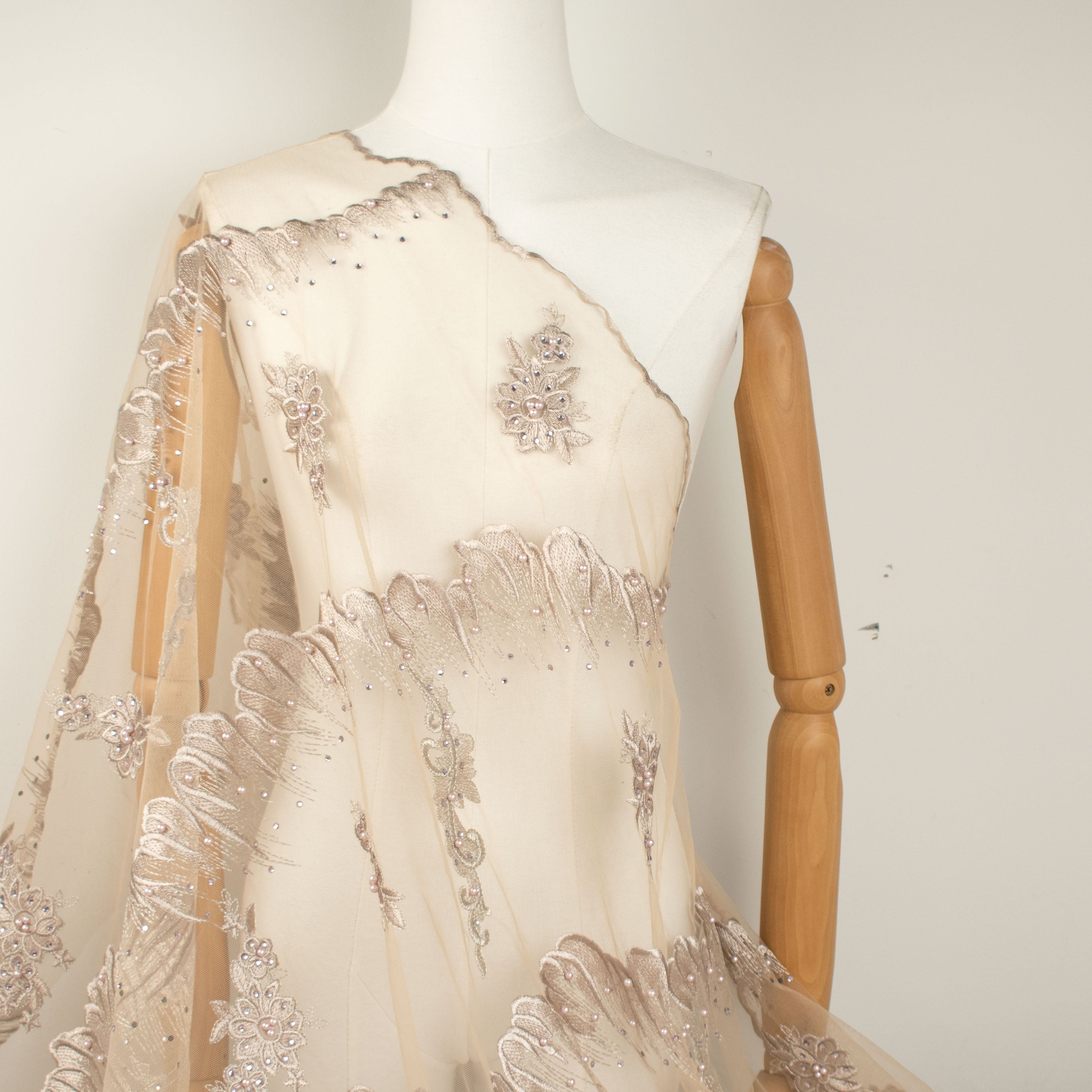 Pearl Diamante Embroidery Lace Dusty Pink