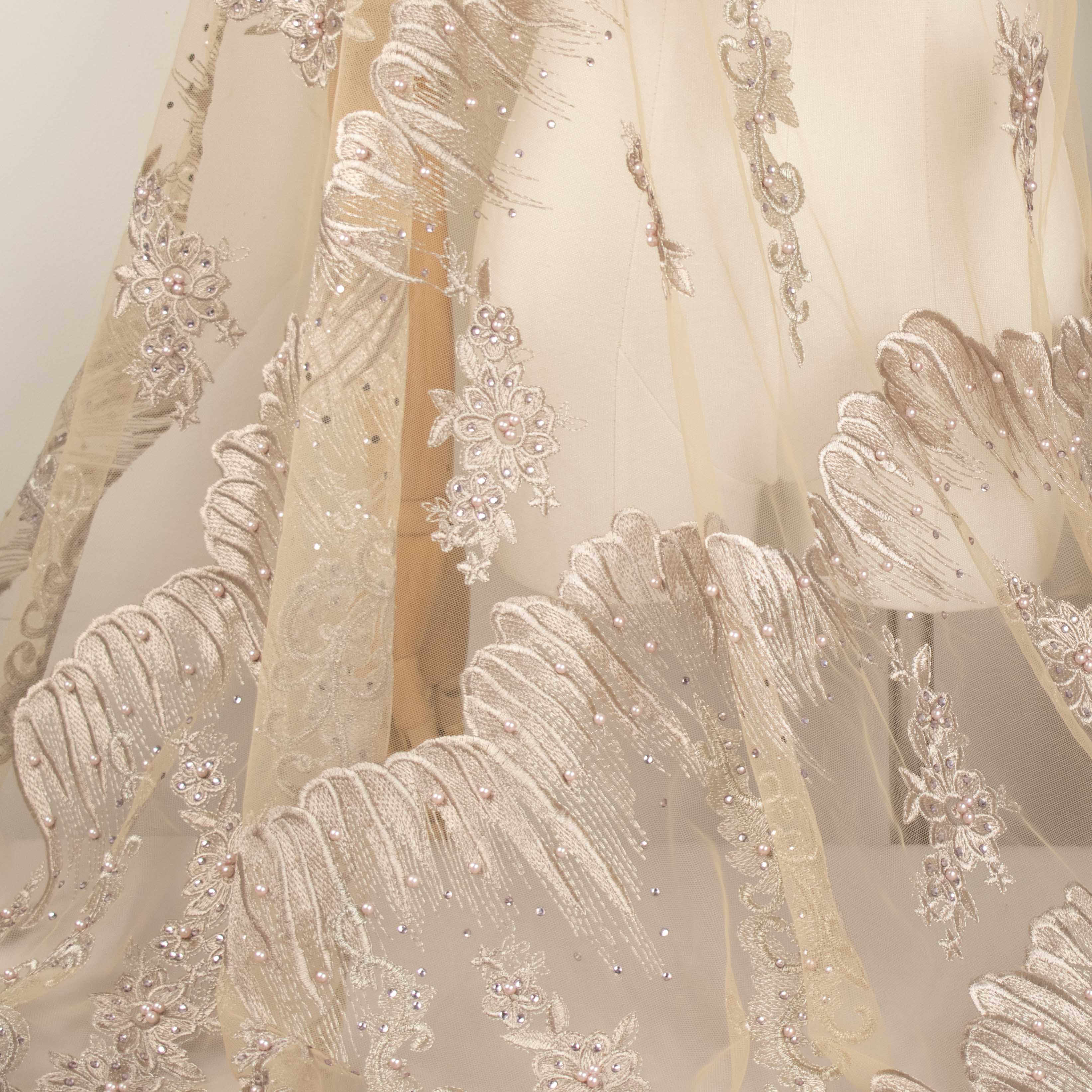 Pearl Diamante Embroidery Lace Dusty Pink