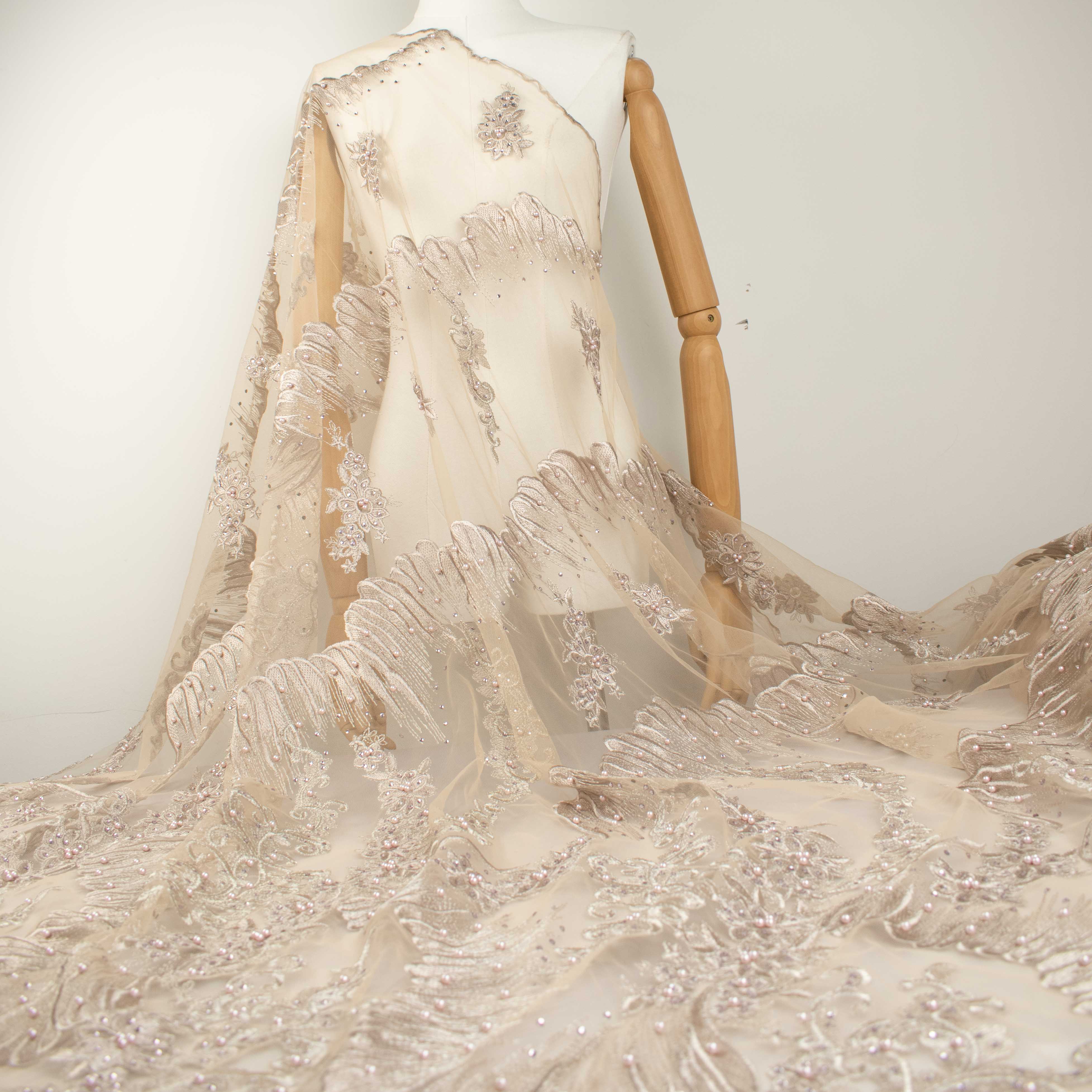 Pearl Diamante Embroidery Lace Dusty Pink