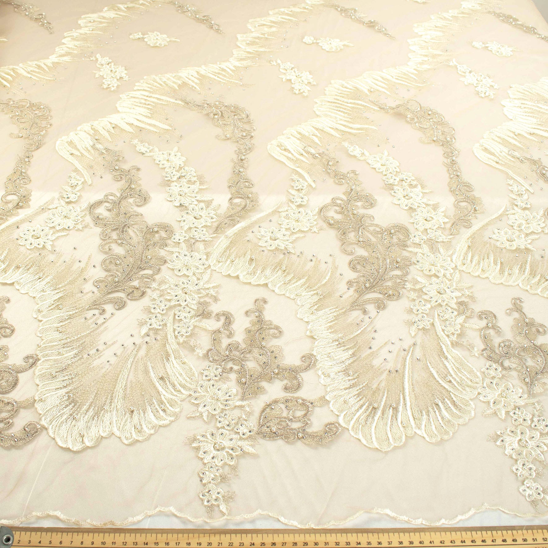 Pearl Diamante Embroidery Lace White