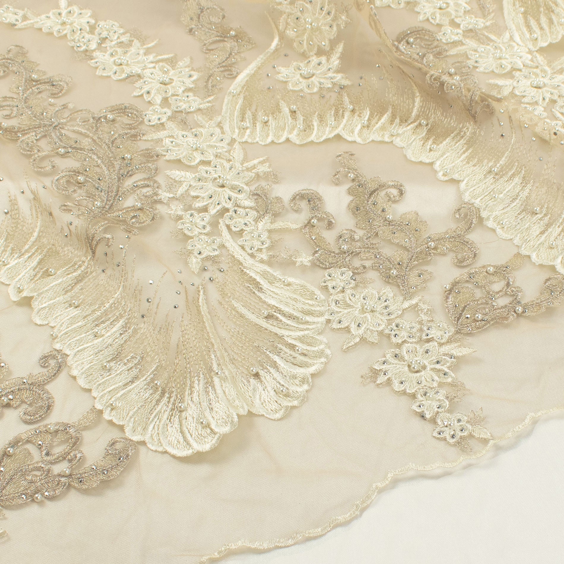 Pearl Diamante Embroidery Lace White