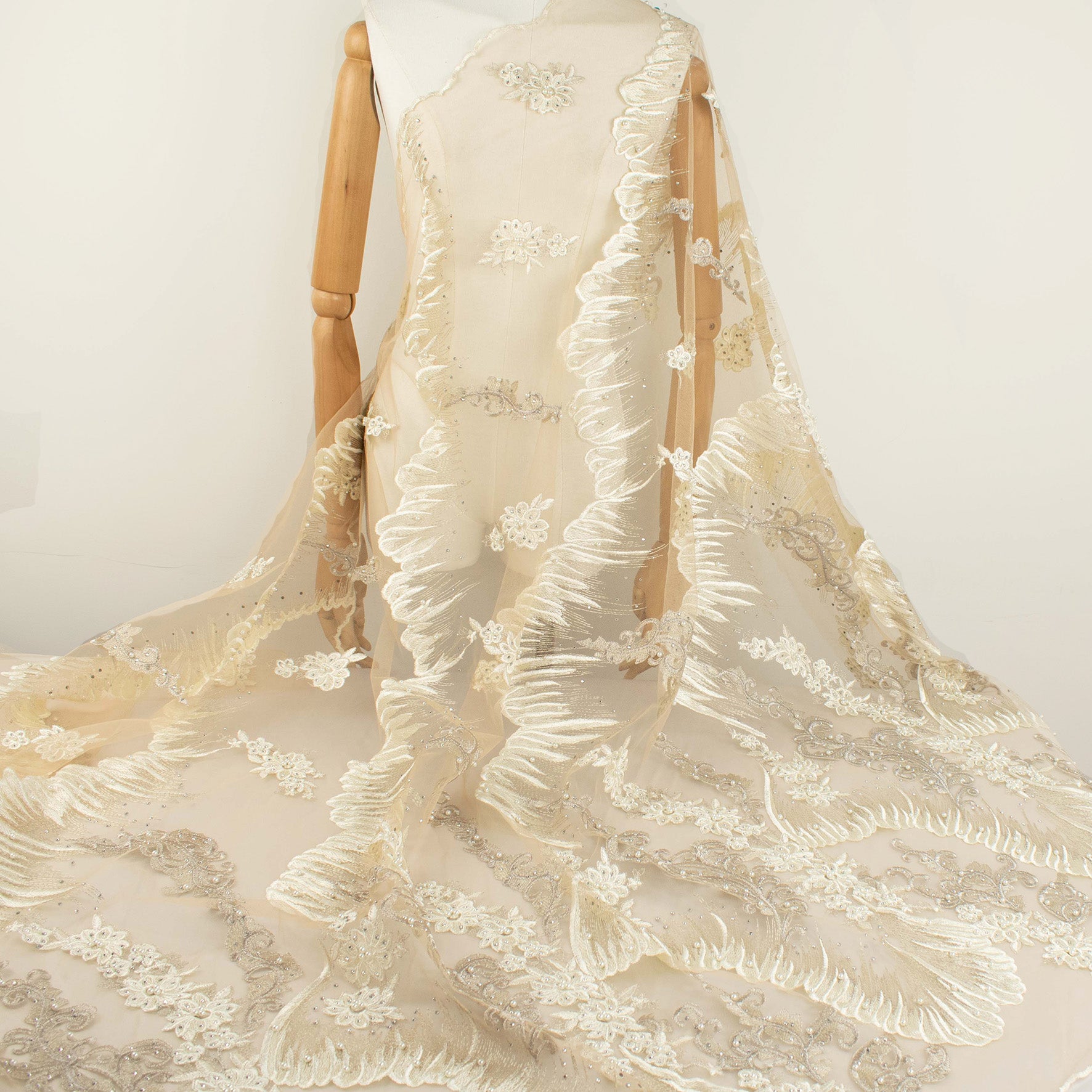 Pearl Diamante Embroidery Lace White
