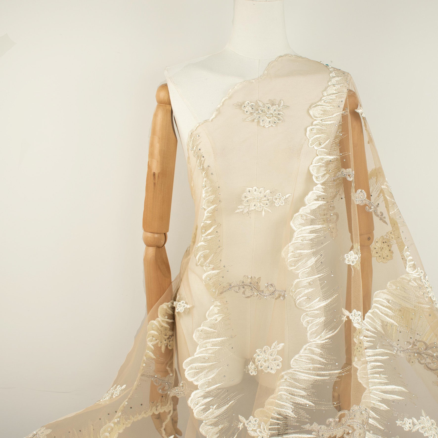 Pearl Diamante Embroidery Lace White