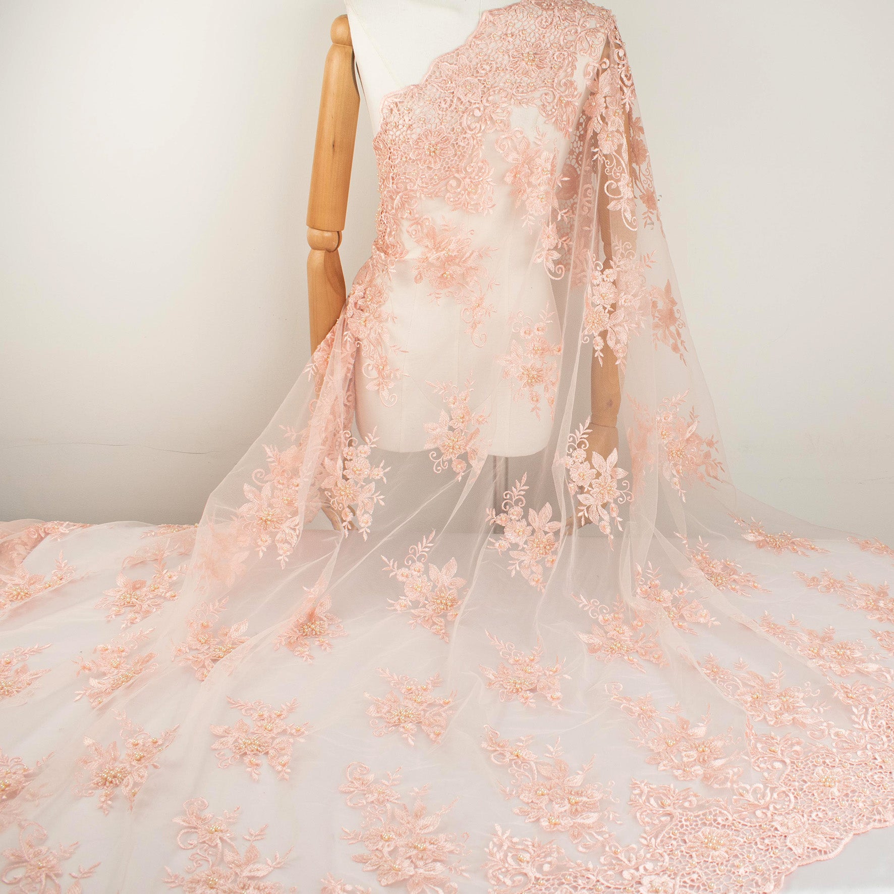 Pearl Floral Embroidery With Guipure Lace Baby Pink