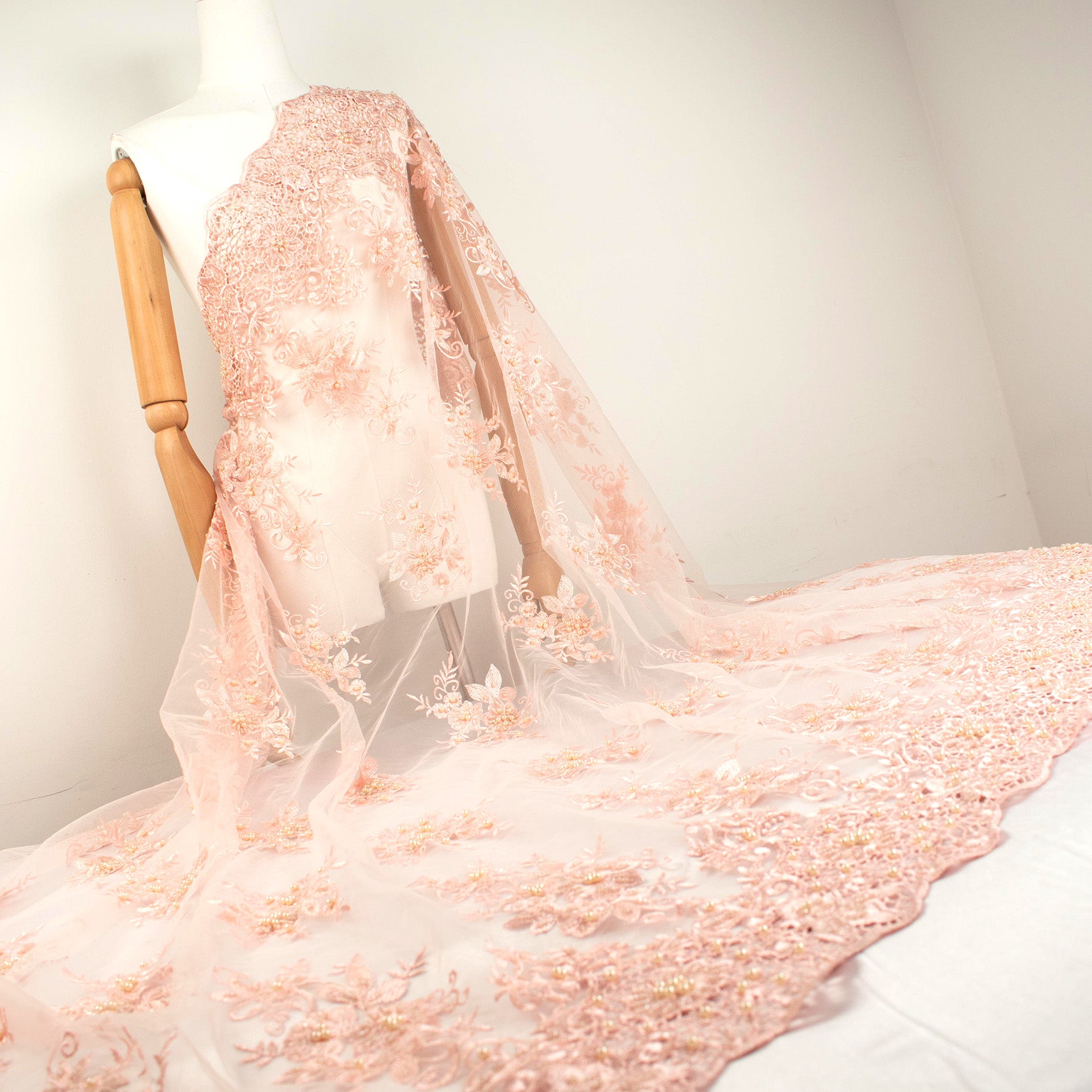 Pearl Floral Embroidery With Guipure Lace Baby Pink