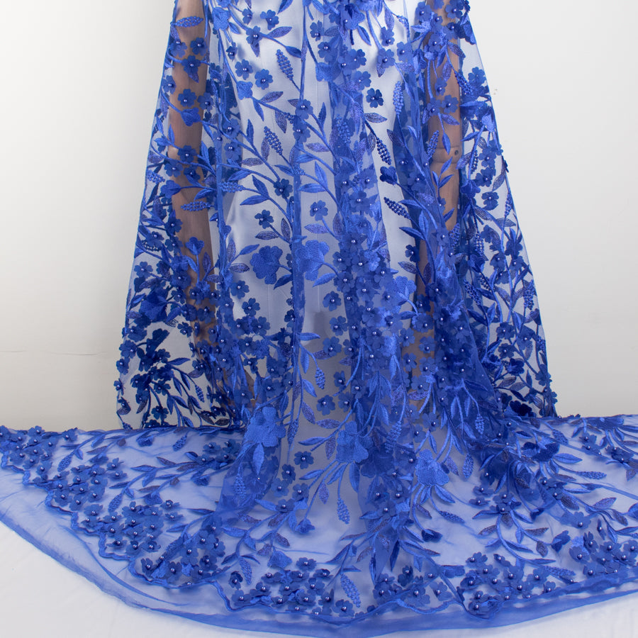 Embroidery 3D Pearl Flower Lace Royal Blue