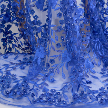 Embroidery 3D Pearl Flower Lace Royal Blue