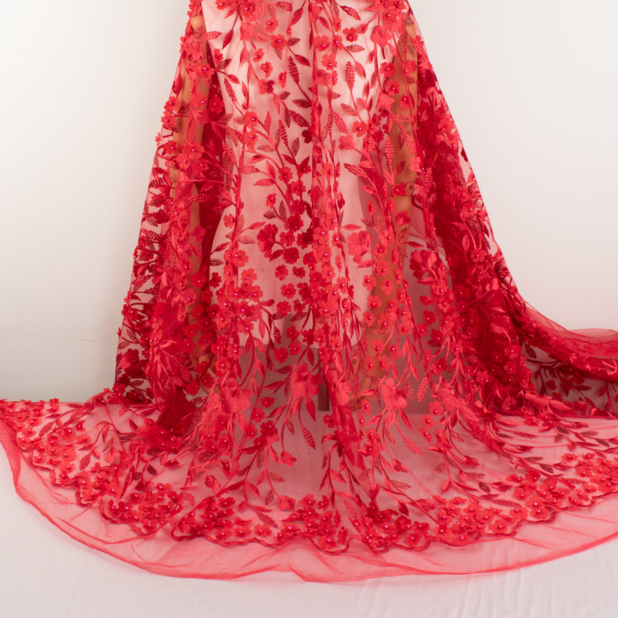 Embroidery 3D Pearl Flower Red