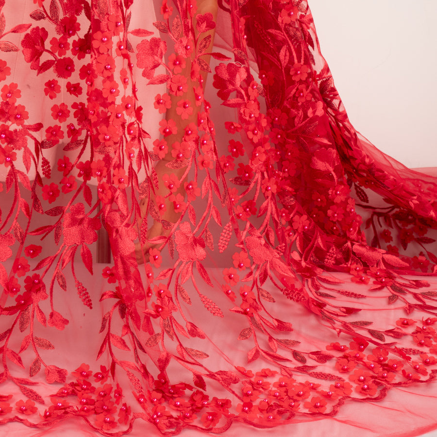 Embroidery 3D Pearl Flower Red