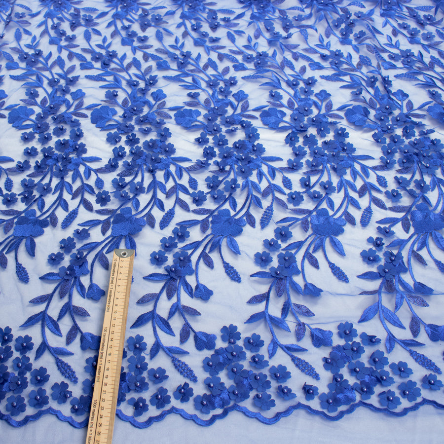 Embroidery 3D Pearl Flower Lace Royal Blue