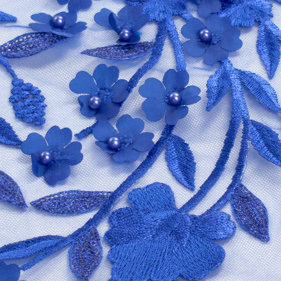 Embroidery 3D Pearl Flower Lace Royal Blue