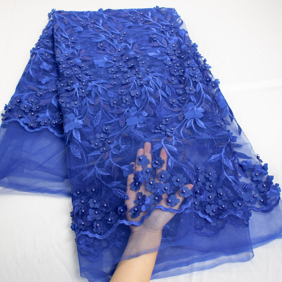 Embroidery 3D Pearl Flower Lace Royal Blue