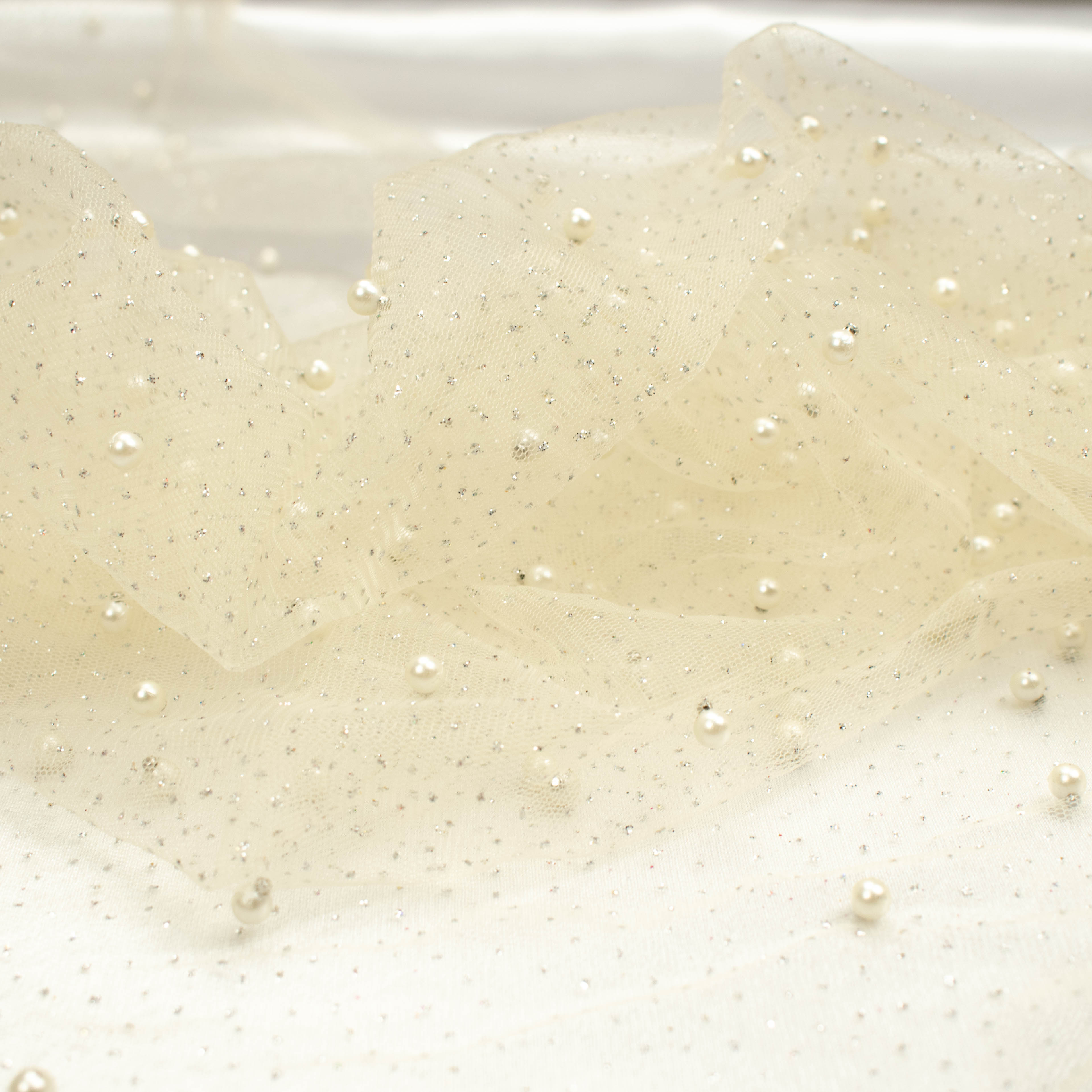 Glitter Tulle Pearl Netting Cream Silver