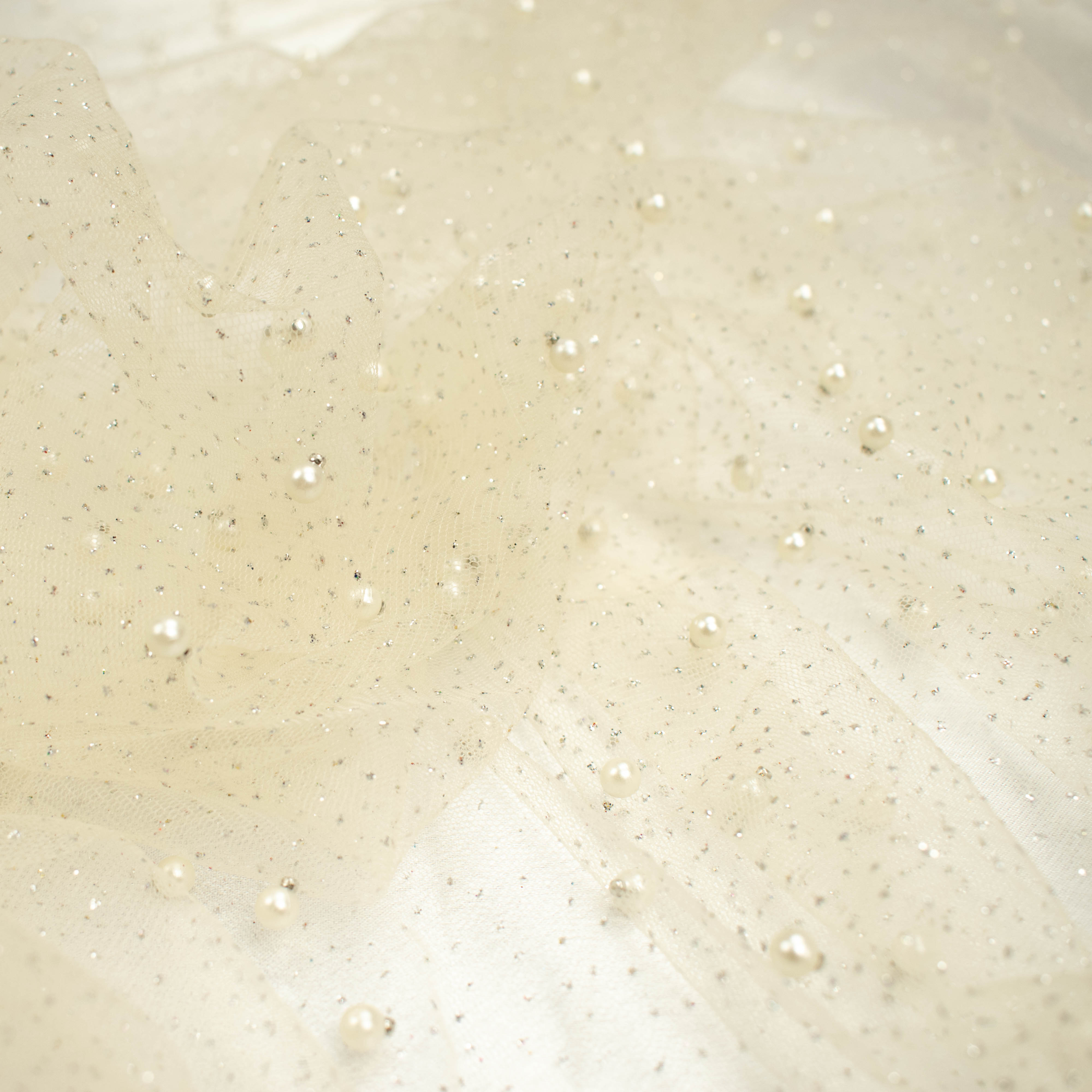 Glitter Tulle Pearl Netting Cream Silver